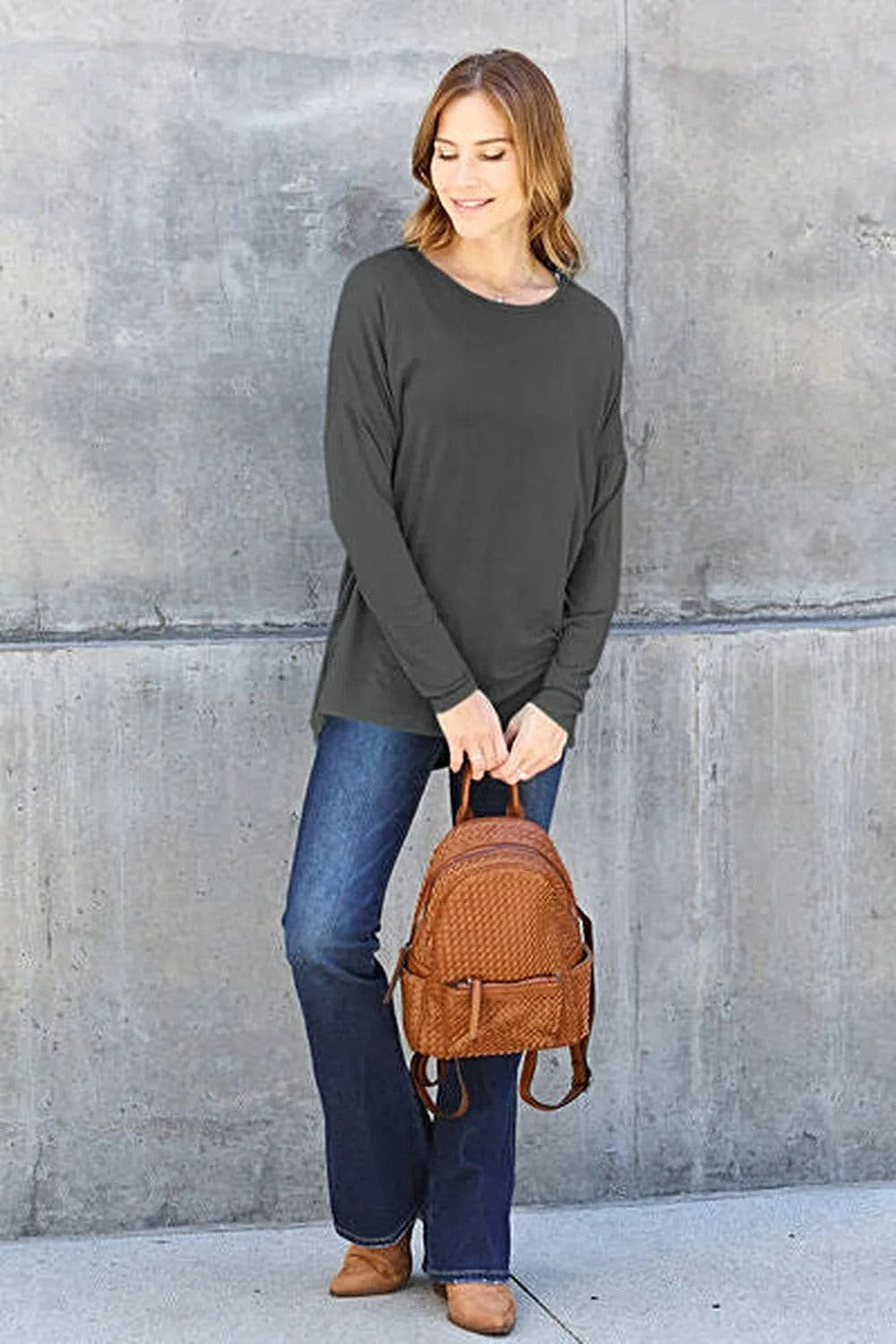 Basic Bae Dropped Shoulder Tee - Full Size Round Neck T-Shirt in Soft Rayon Blend Trendsi