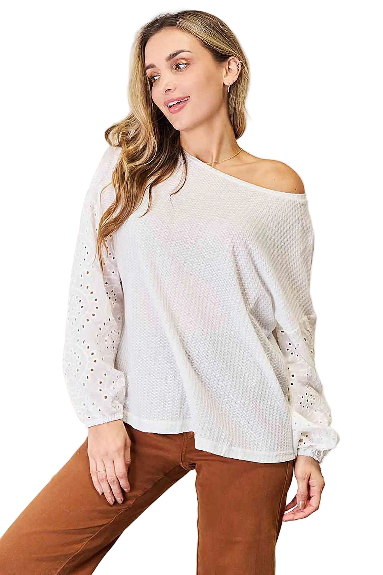 Elegant Double Take Eyelet Blouse Women with Dropped Shoulders & Round Neck, Plus Sizes Available Trendsi