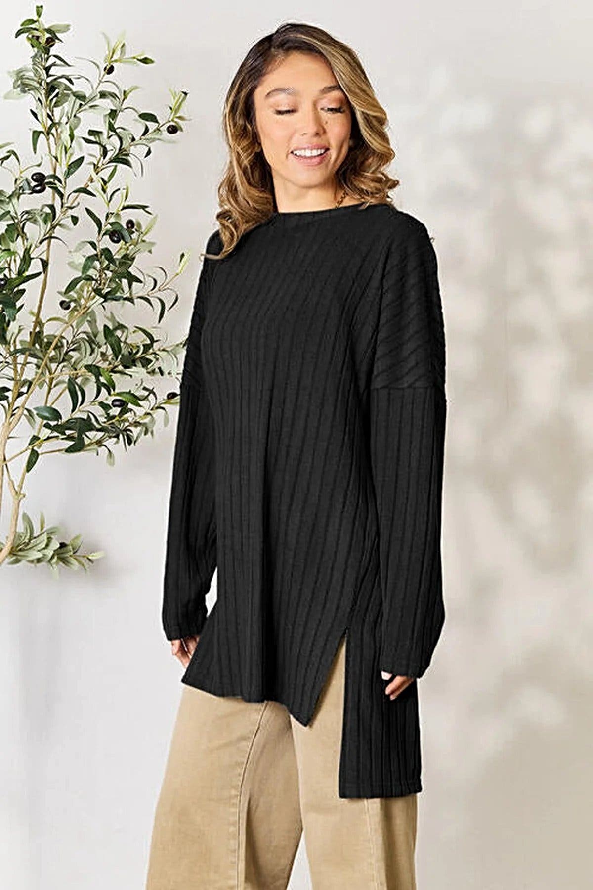 Chic Ribbed Long Sleeve Top with Slit - Basic Bae Full Size Round Neck Design for Effortless Style Trendsi