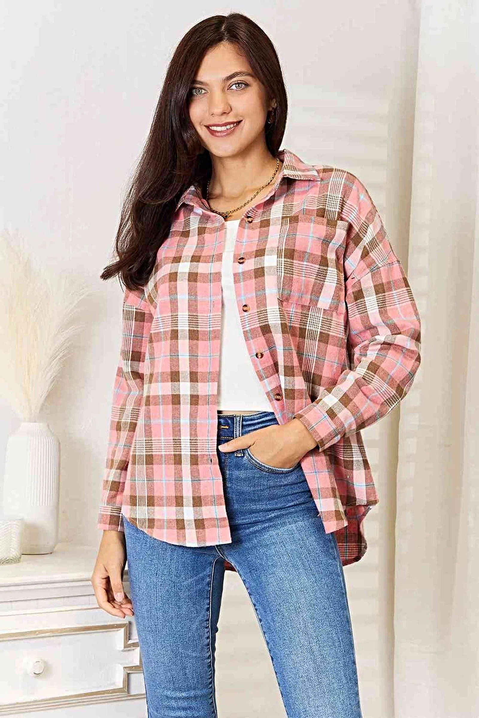 Double Take Plaid Collared Neck Long Sleeve Button-Up Shirt -