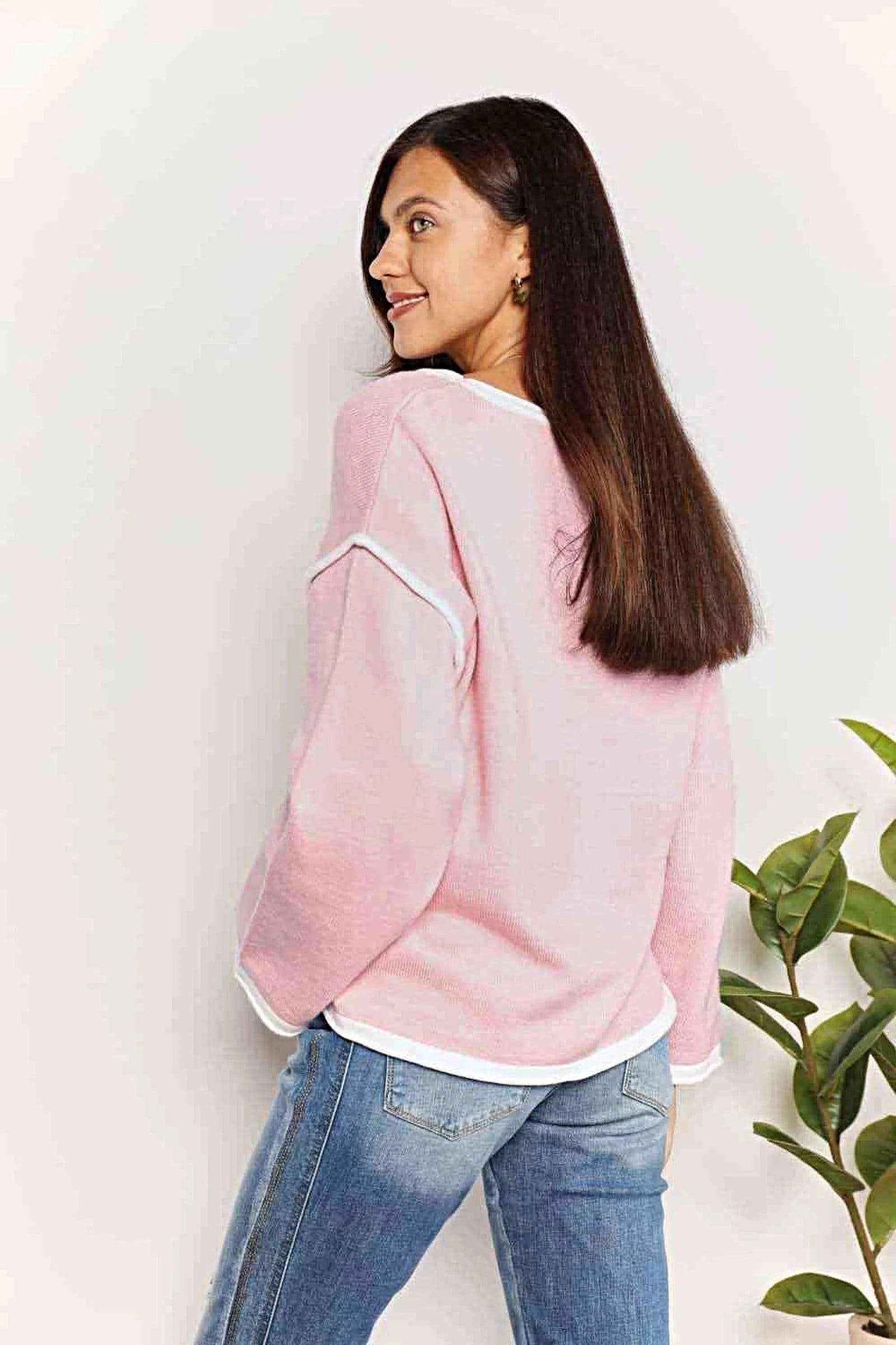 Double Take Contrast Detail Dropped Shoulder Knit Top -