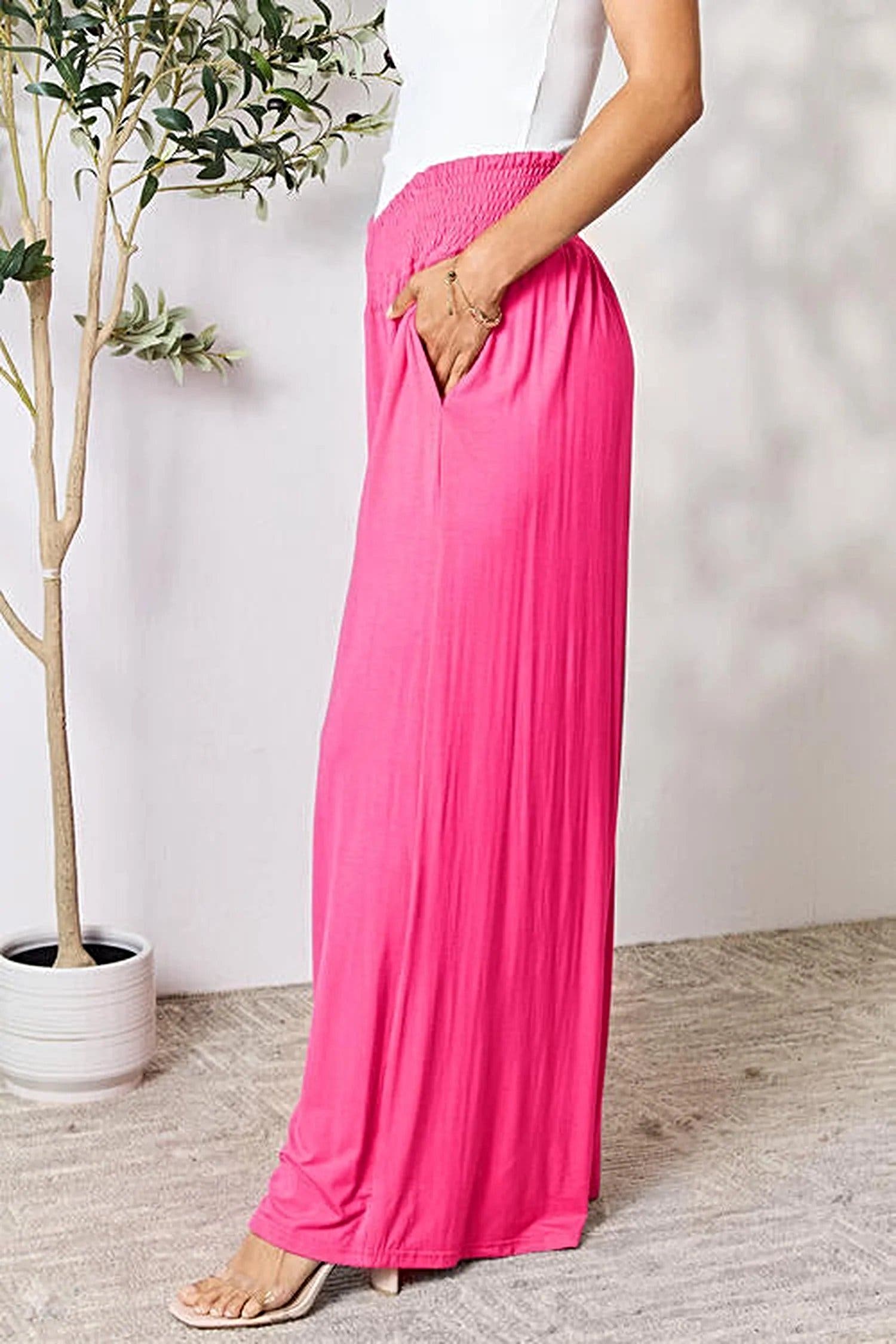 Elegant Wide Leg Pants with Smocked Waistband - Opaque Comfort in Sizes S-3XL Trendsi
