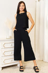 Double Take Buttoned Round Neck Tank and Wide Leg Pants Set-Trendsi-Black-S-SatinBoutique