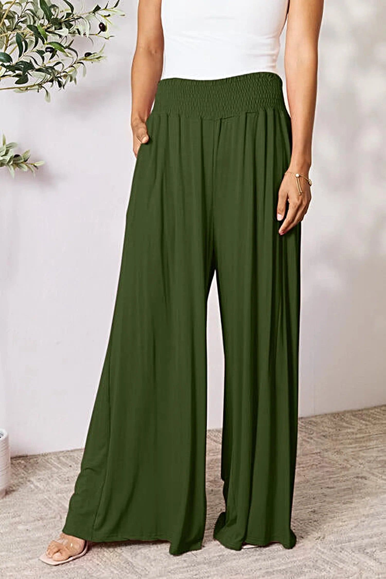 Elegant Wide Leg Pants with Smocked Waistband - Opaque Comfort in Sizes S-3XL Trendsi