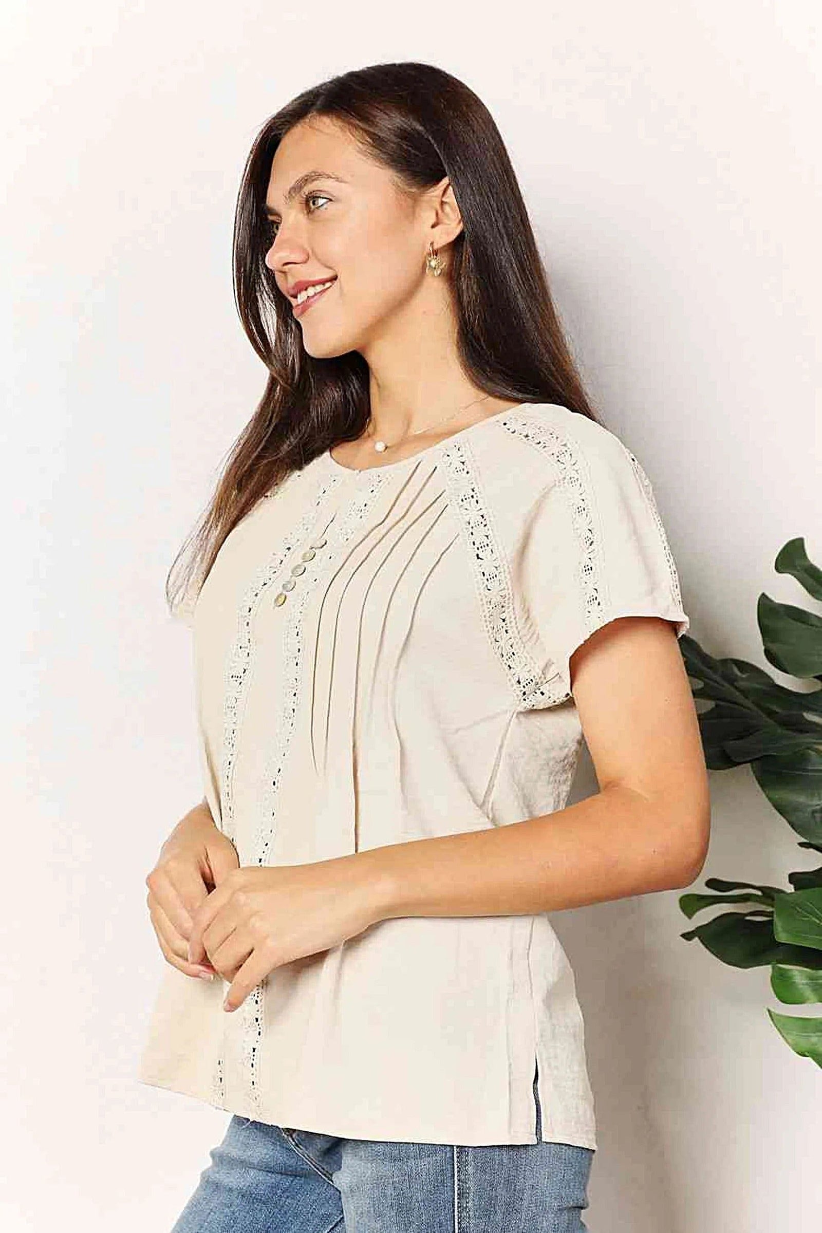 Chic Short Sleeve Crochet Shirt with Button Detail - Available in Plus Sizes Trendsi