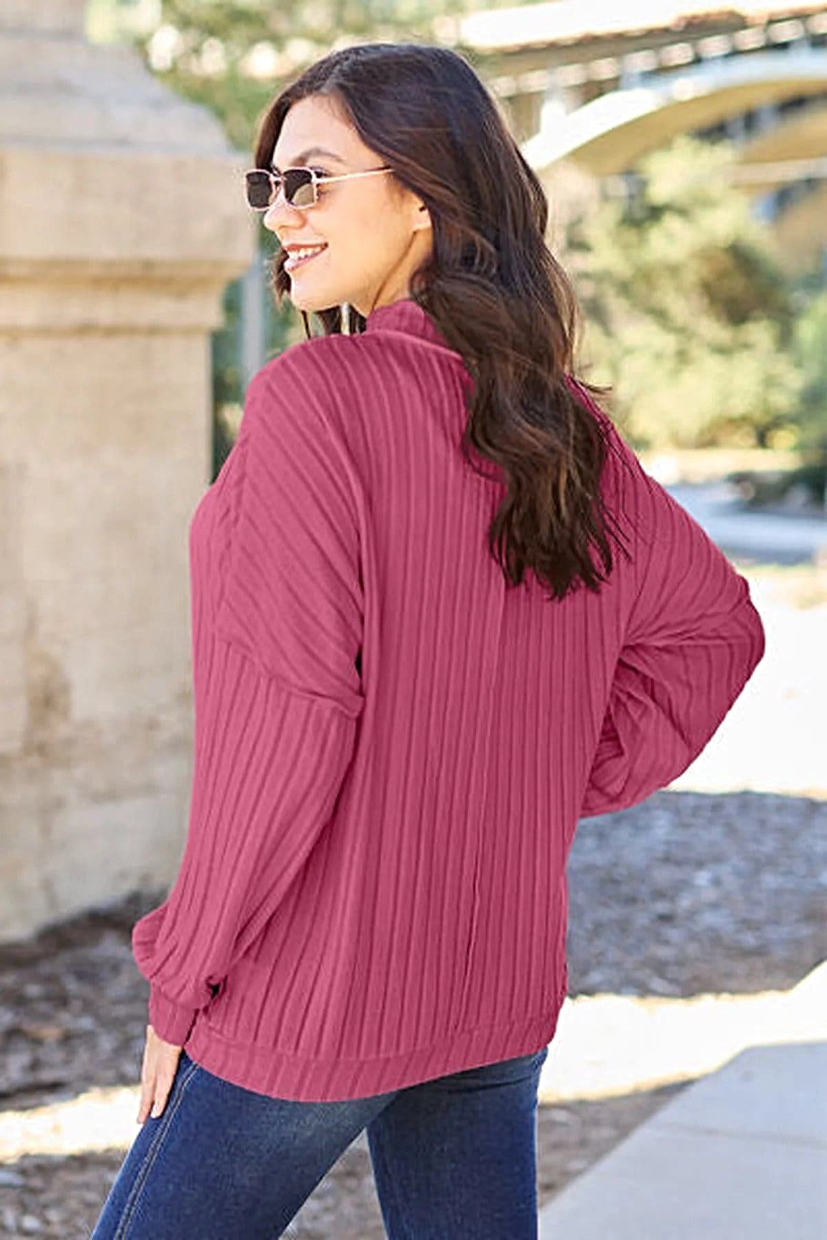 Luxury Ribbed Mock Neck Top – Full Size, Slightly Stretchy, Opaque Knit Elegance by Trendsi Trendsi
