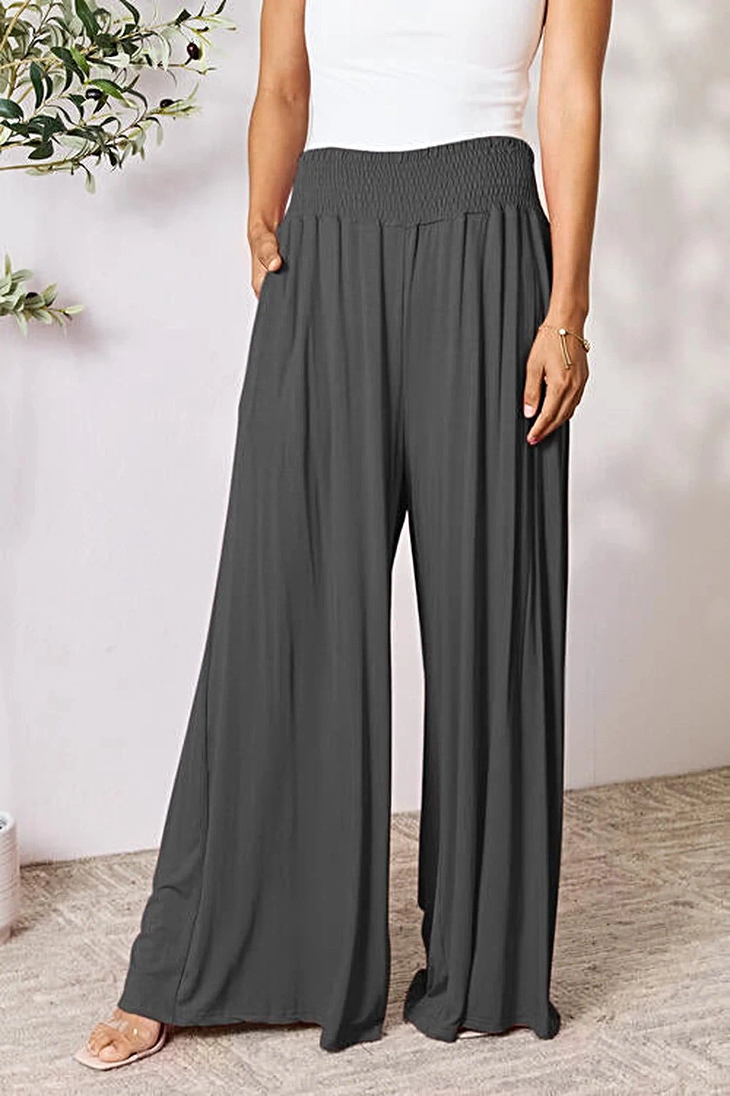 Elegant Wide Leg Pants with Smocked Waistband - Opaque Comfort in Sizes S-3XL Trendsi