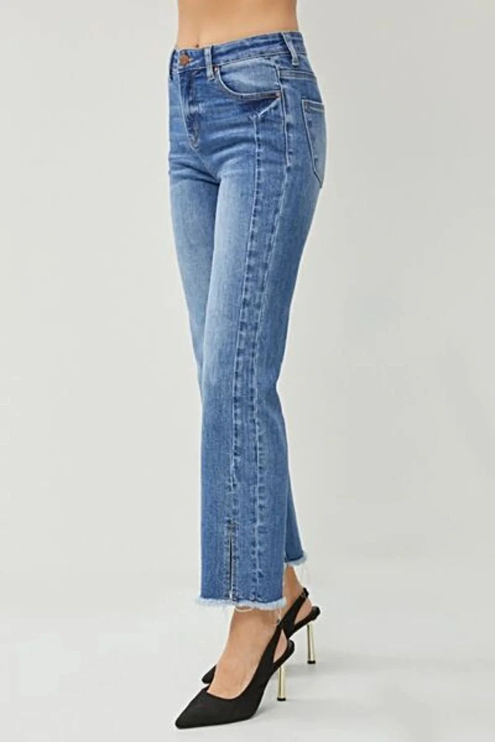 RISEN High Waist Raw Hem Slit Straight Jeans - Jeans
