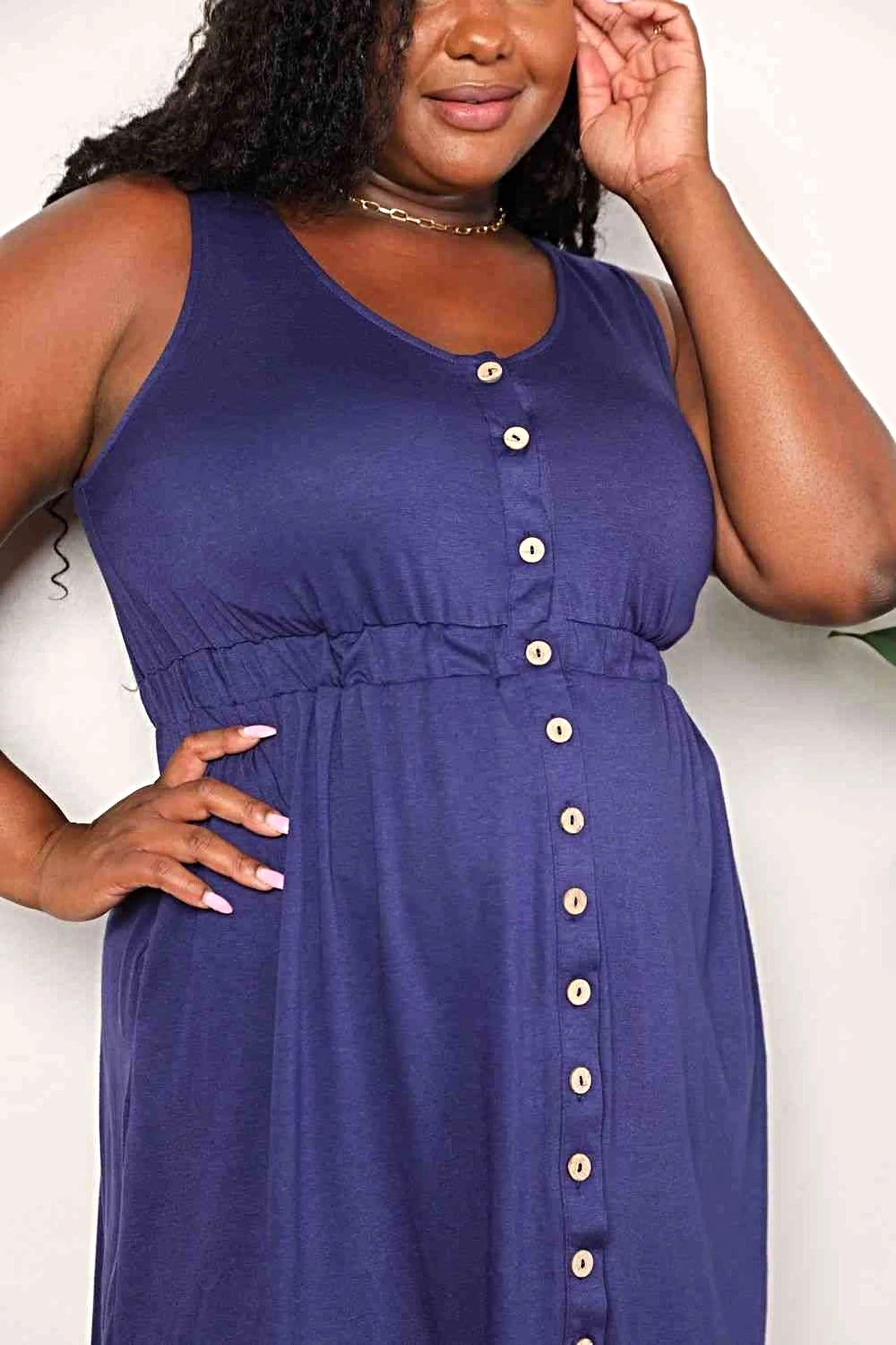 Double Take Button Front Empire Waist Sleeveless Slit Magic Dress -