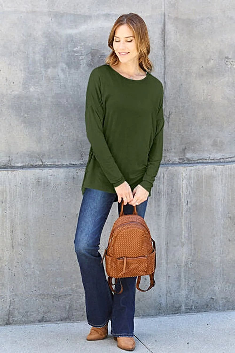 Basic Bae Dropped Shoulder Tee - Full Size Round Neck T-Shirt in Soft Rayon Blend Trendsi
