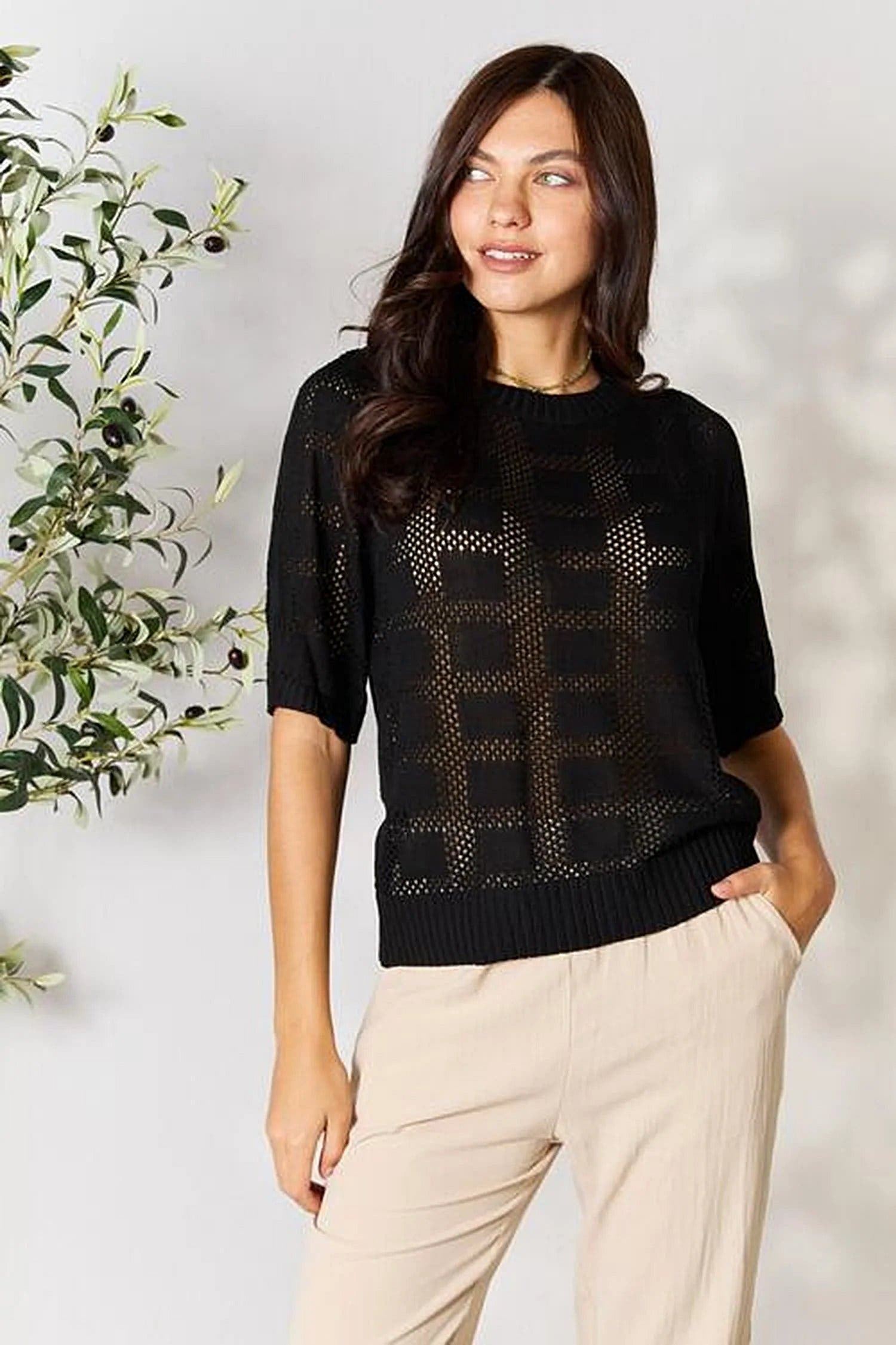 Double Take Ribbed Trim Round Neck Knit Top -