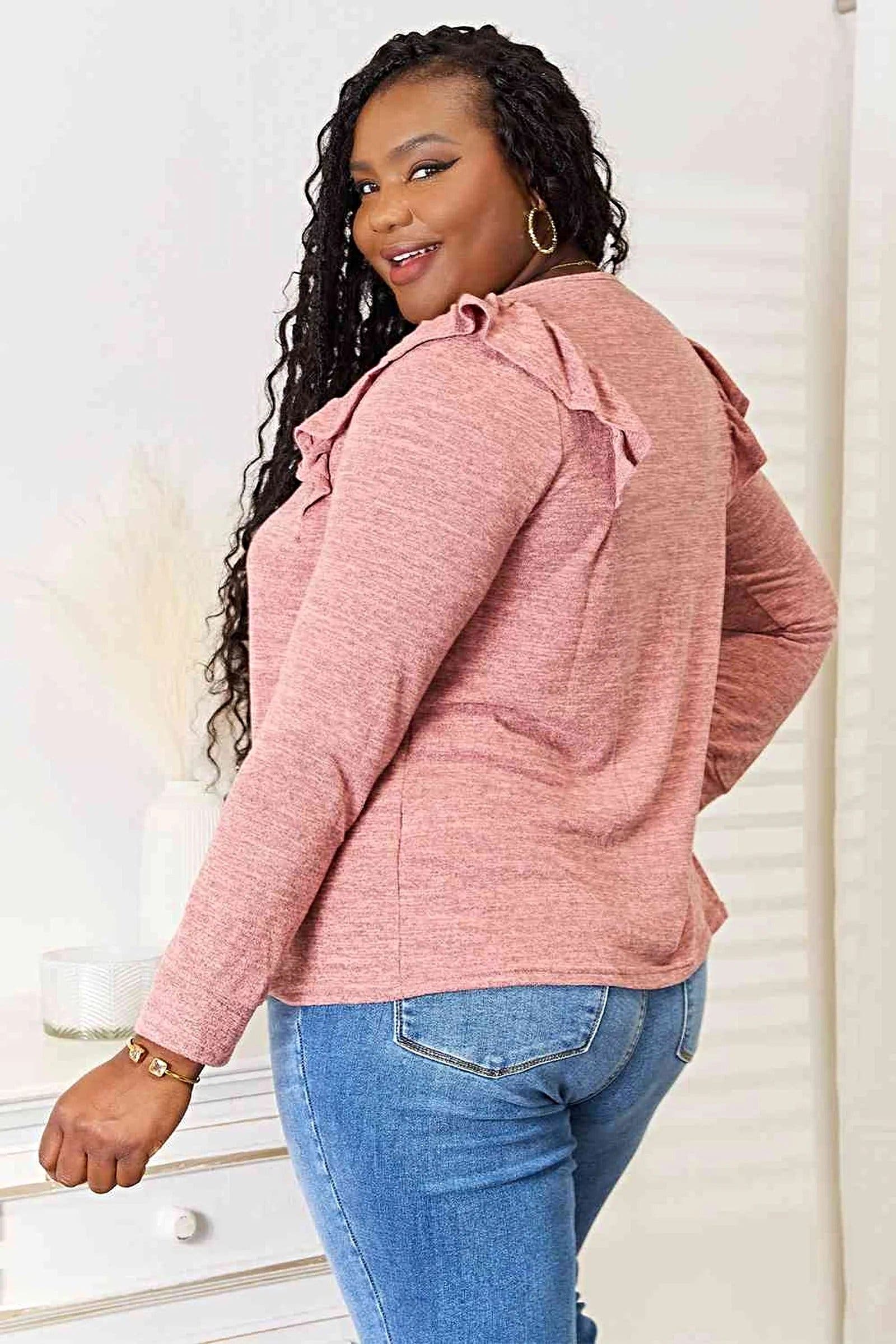 Elegant Ruffle Shoulder Top - Square Neck Long Sleeve T-Shirt in Plus Sizes Trendsi