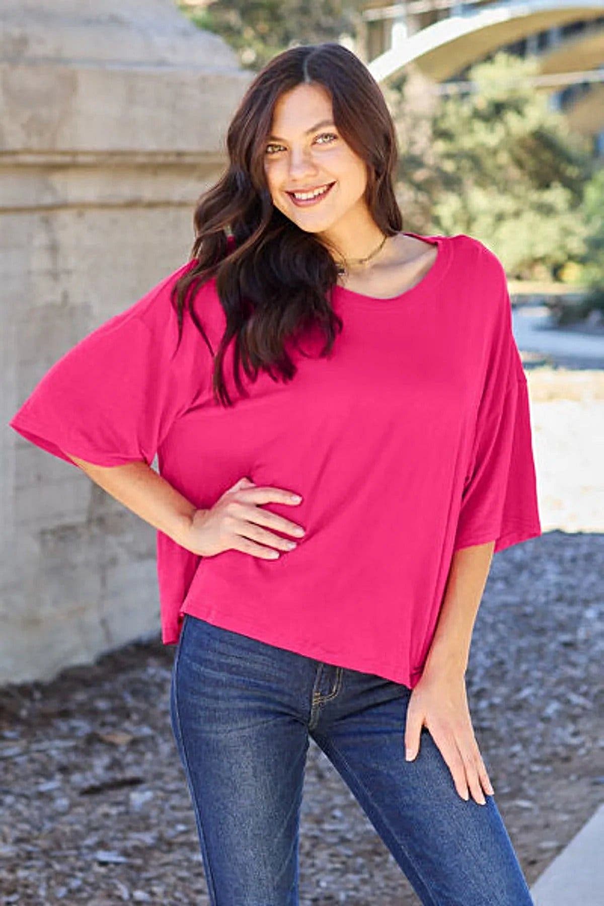 Luxury Opaque Drop Shoulder T-Shirt with Slight Stretch - Full Size, 95% Polyester Trendsi