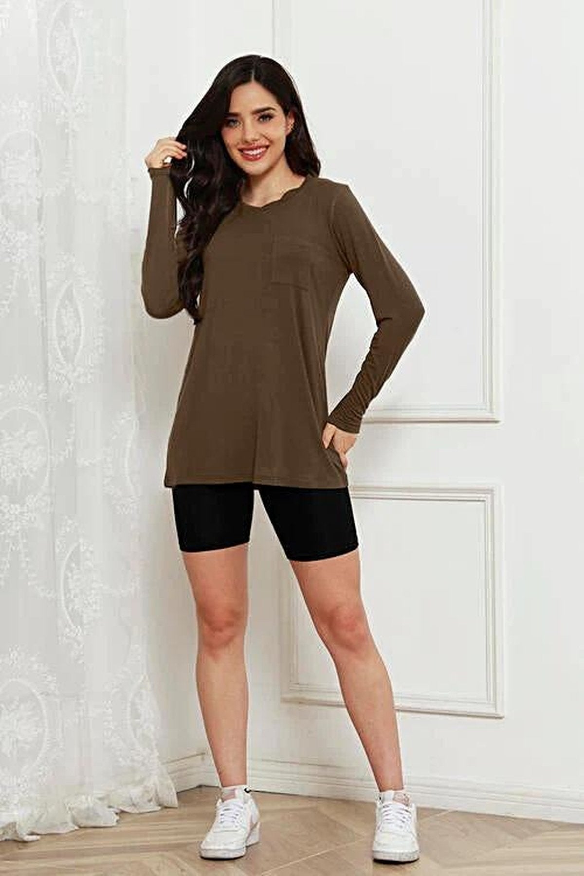 Opulent Basic Bae 100% Polyester Full Size Round Neck Long Sleeve Top with Pockets Trendsi