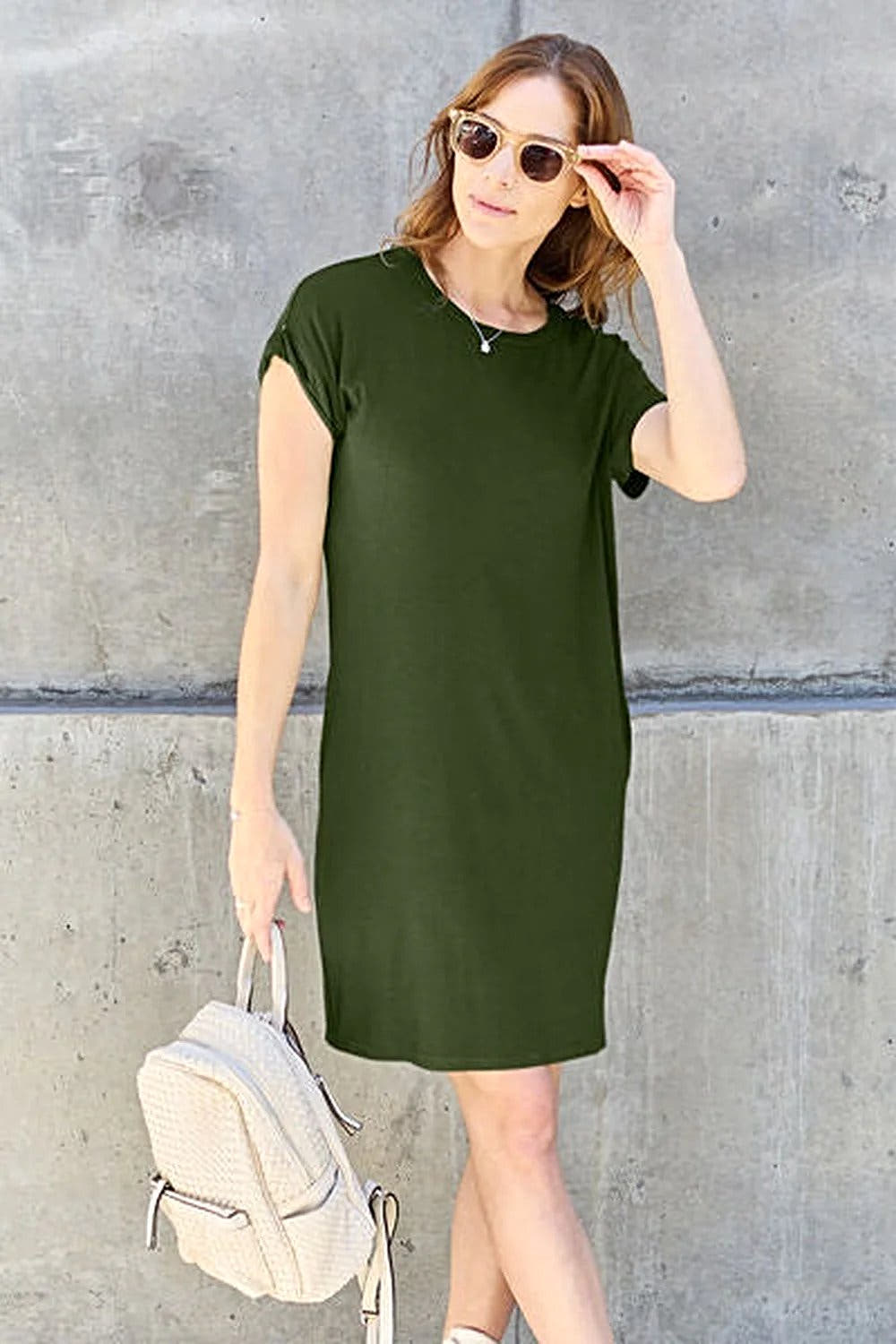 Casual Short Sleeve Dress With Pockets - Basic Bae Full Size Round Neck Style Trendsi