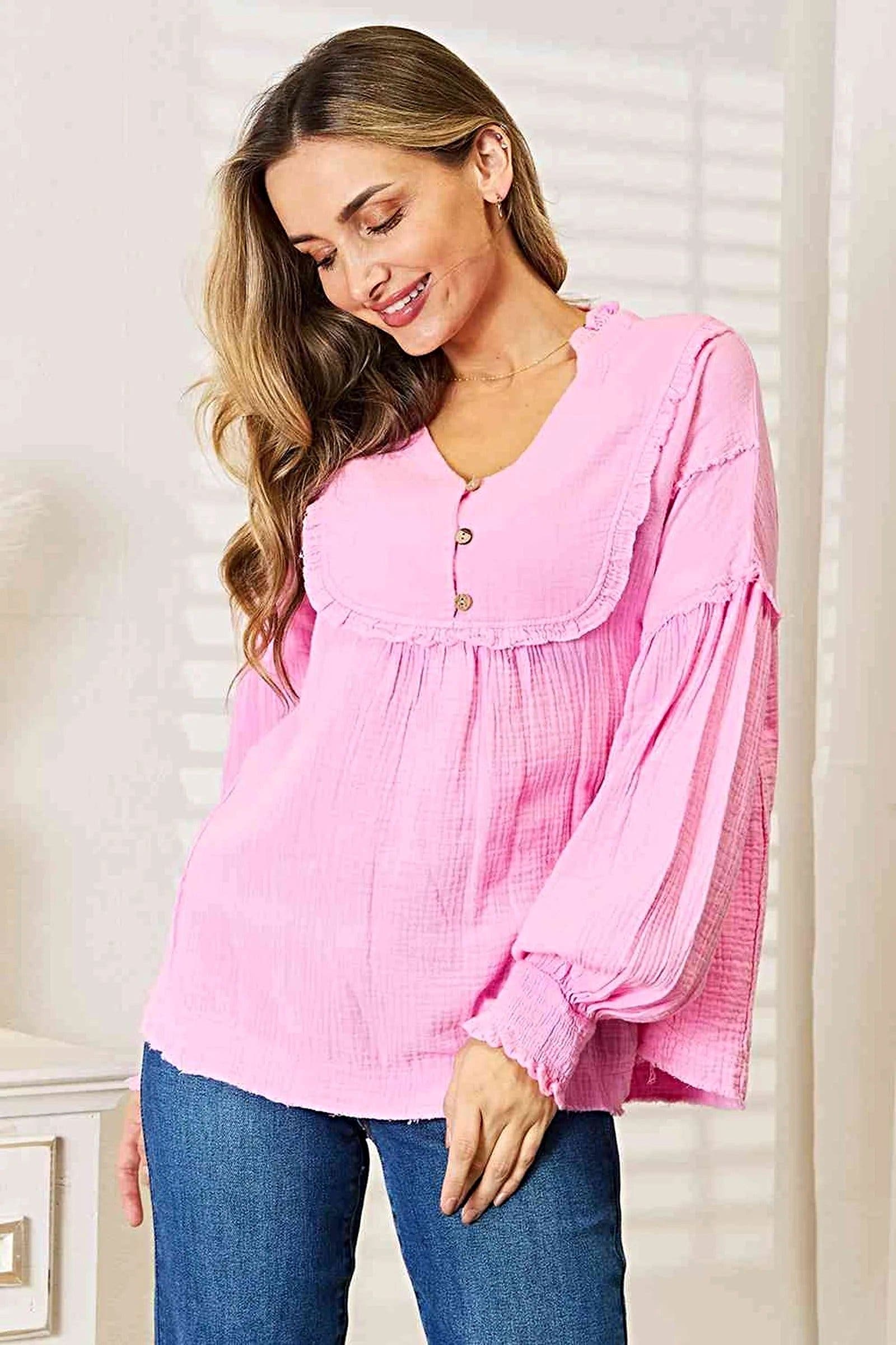 Chic Double Take Exposed Seam Notched Neck Blouse in 100% Cotton for Effortless Elegance Trendsi