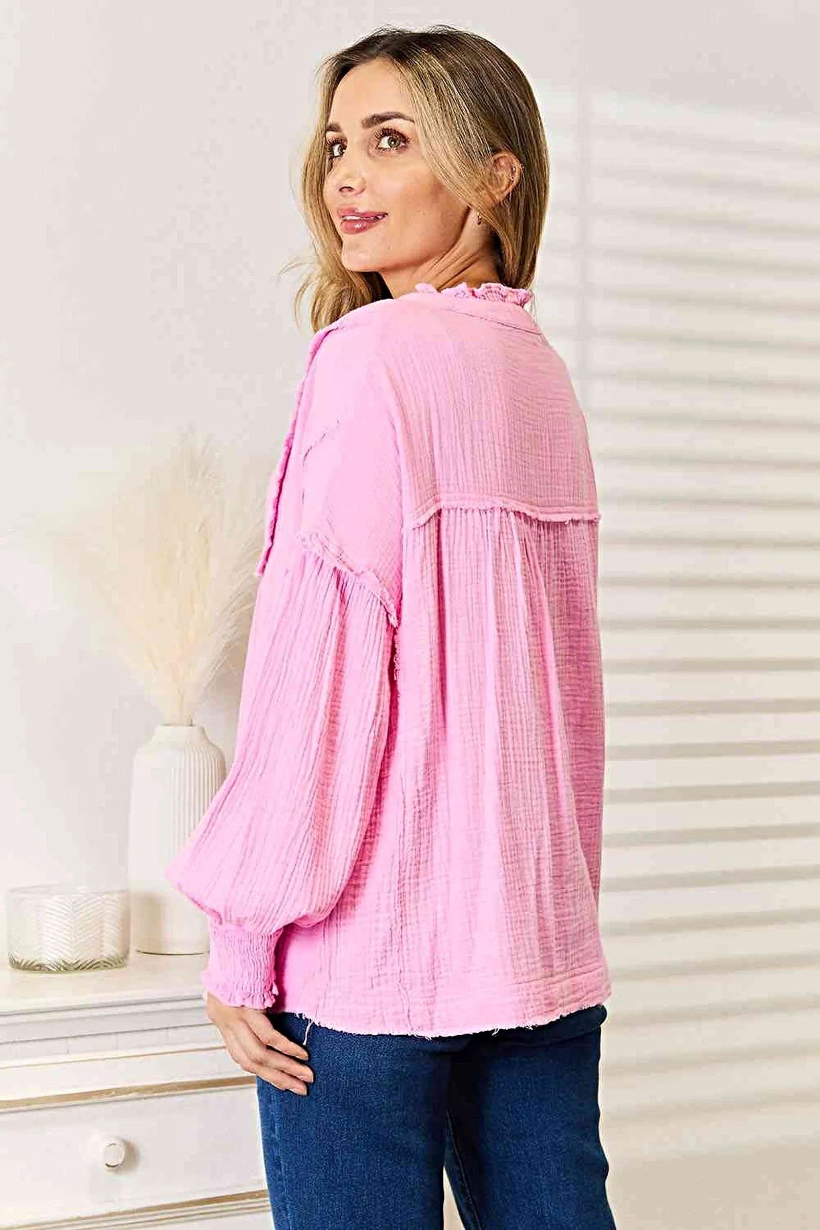Chic Double Take Exposed Seam Notched Neck Blouse in 100% Cotton for Effortless Elegance Trendsi