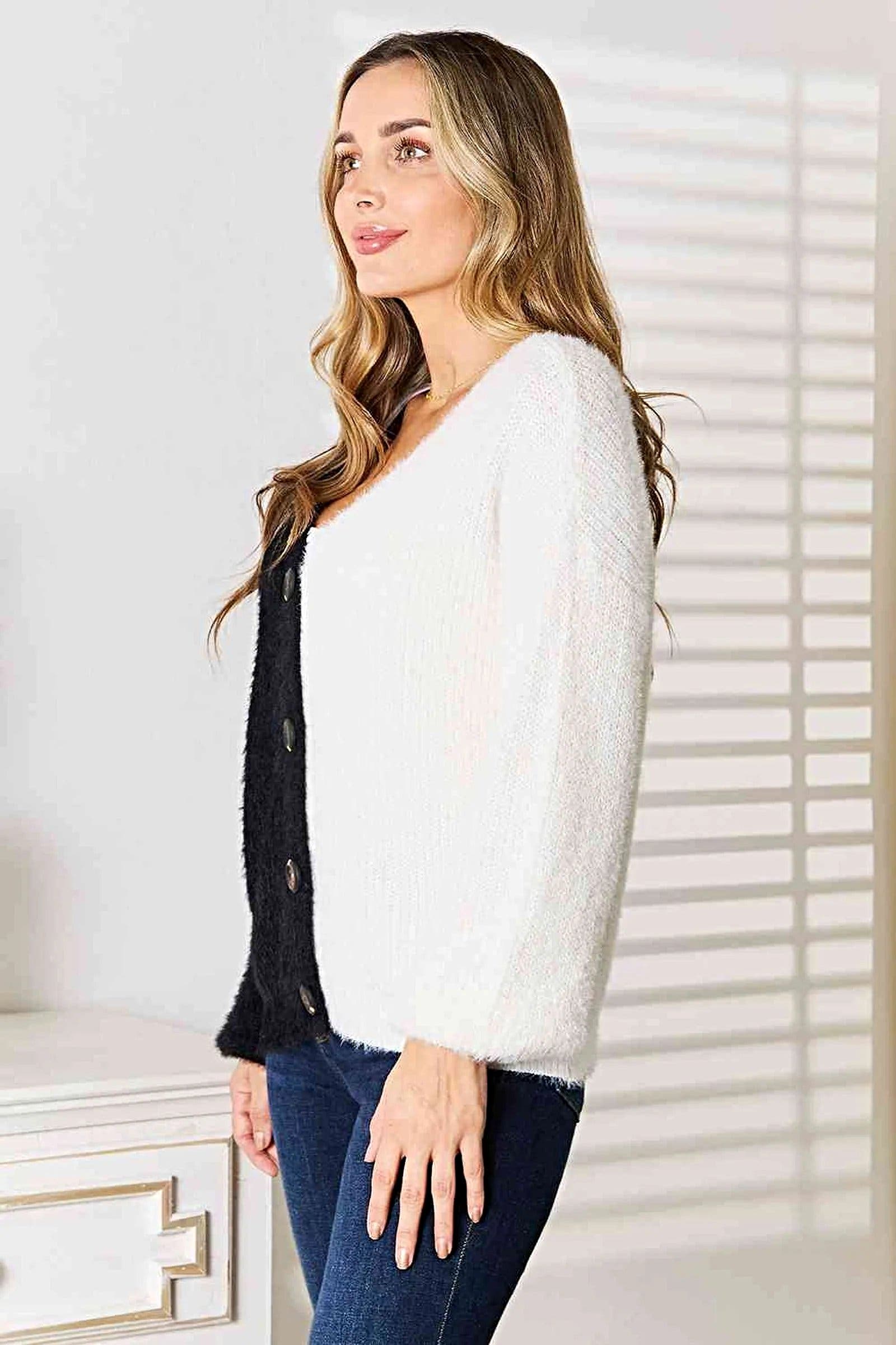 Woven Right Contrast Button-Front V-Neck Cardigan, Also in Plus sizes -