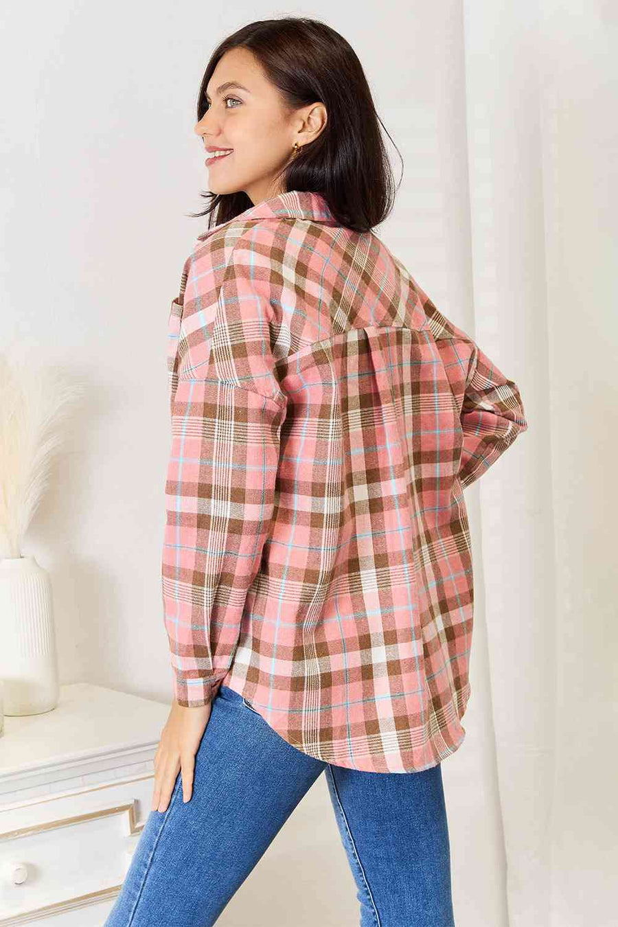 Double Take Plaid Collared Neck Long Sleeve Button-Up Shirt-Trendsi-Peach-S-SatinBoutique