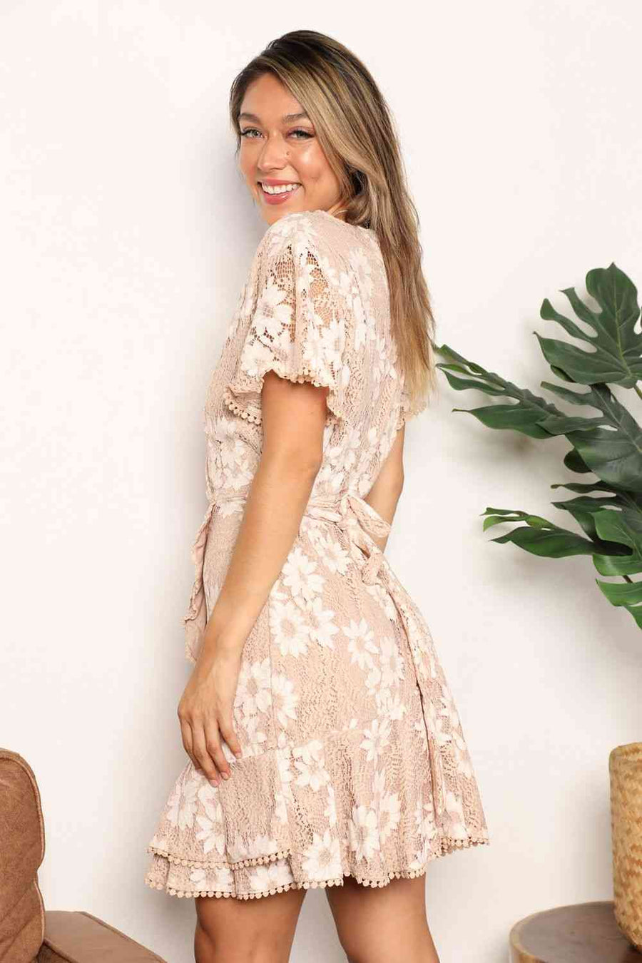 Double Take Floral Lace Pompom Detail Tie-Waist Flutter Sleeve Dress-Trendsi-Sand-S-SatinBoutique