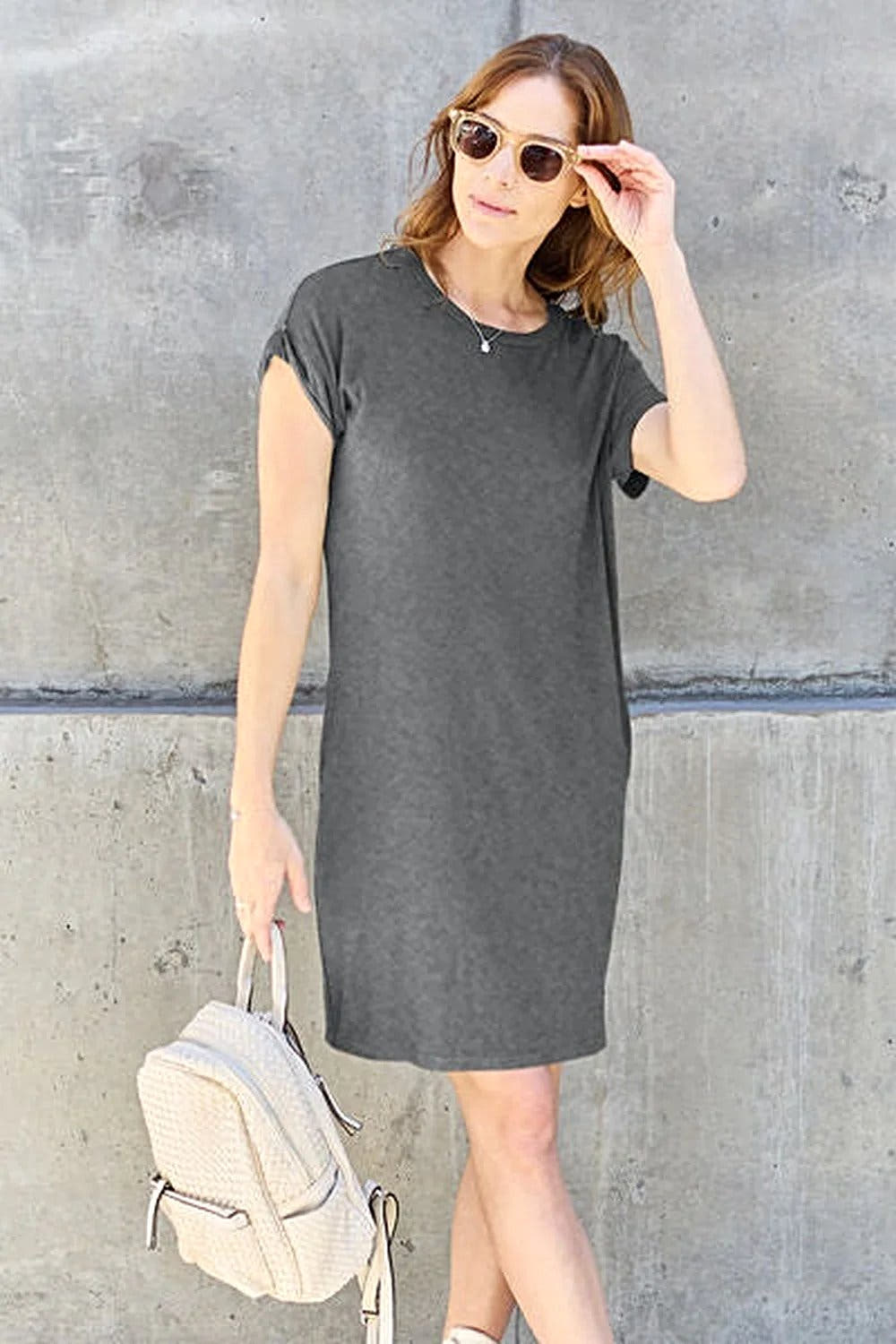 Casual Short Sleeve Dress With Pockets - Basic Bae Full Size Round Neck Style Trendsi
