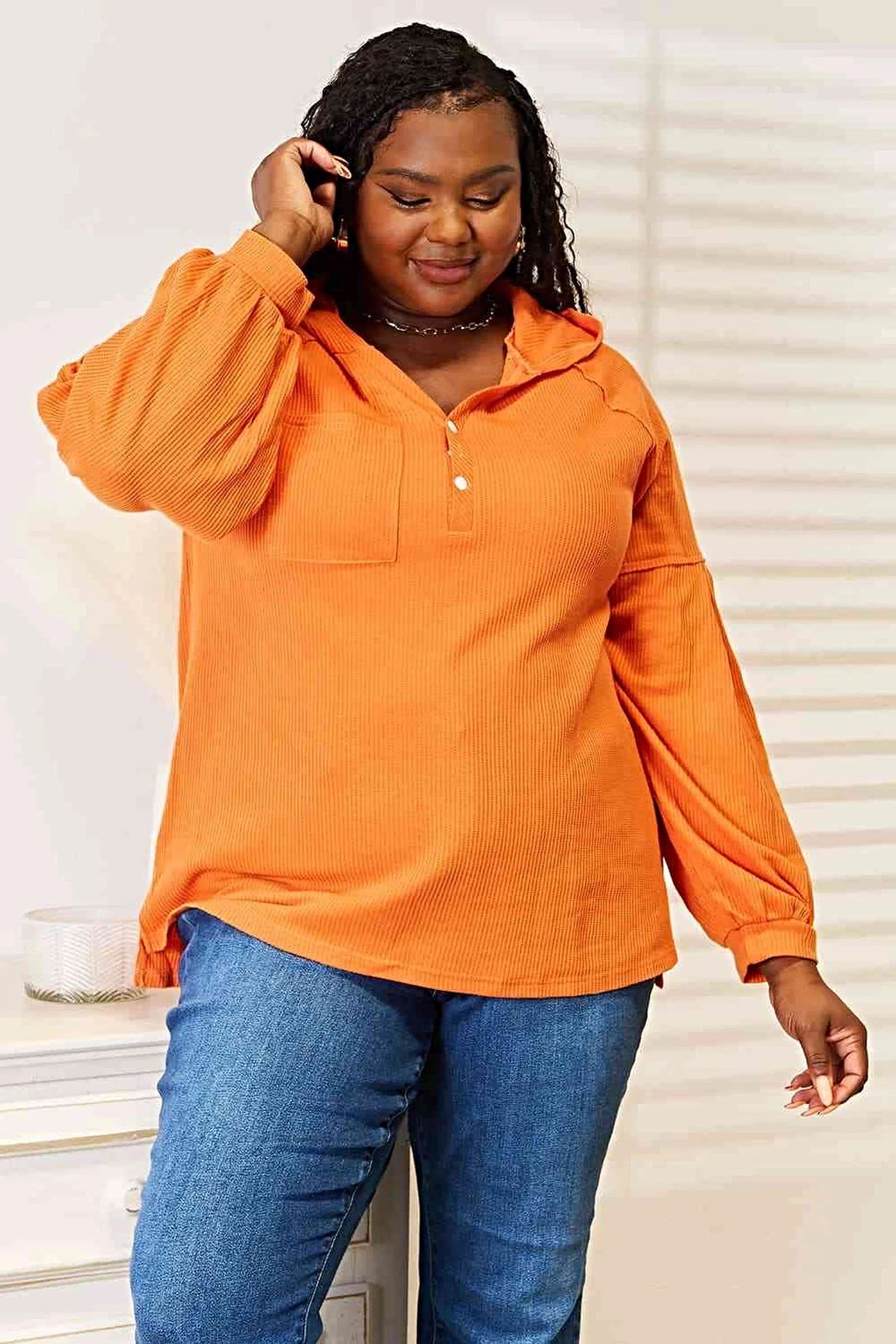Basic Bae Side Slit Buttoned Waffle Knit Hoodie, Also in Plus sizes -