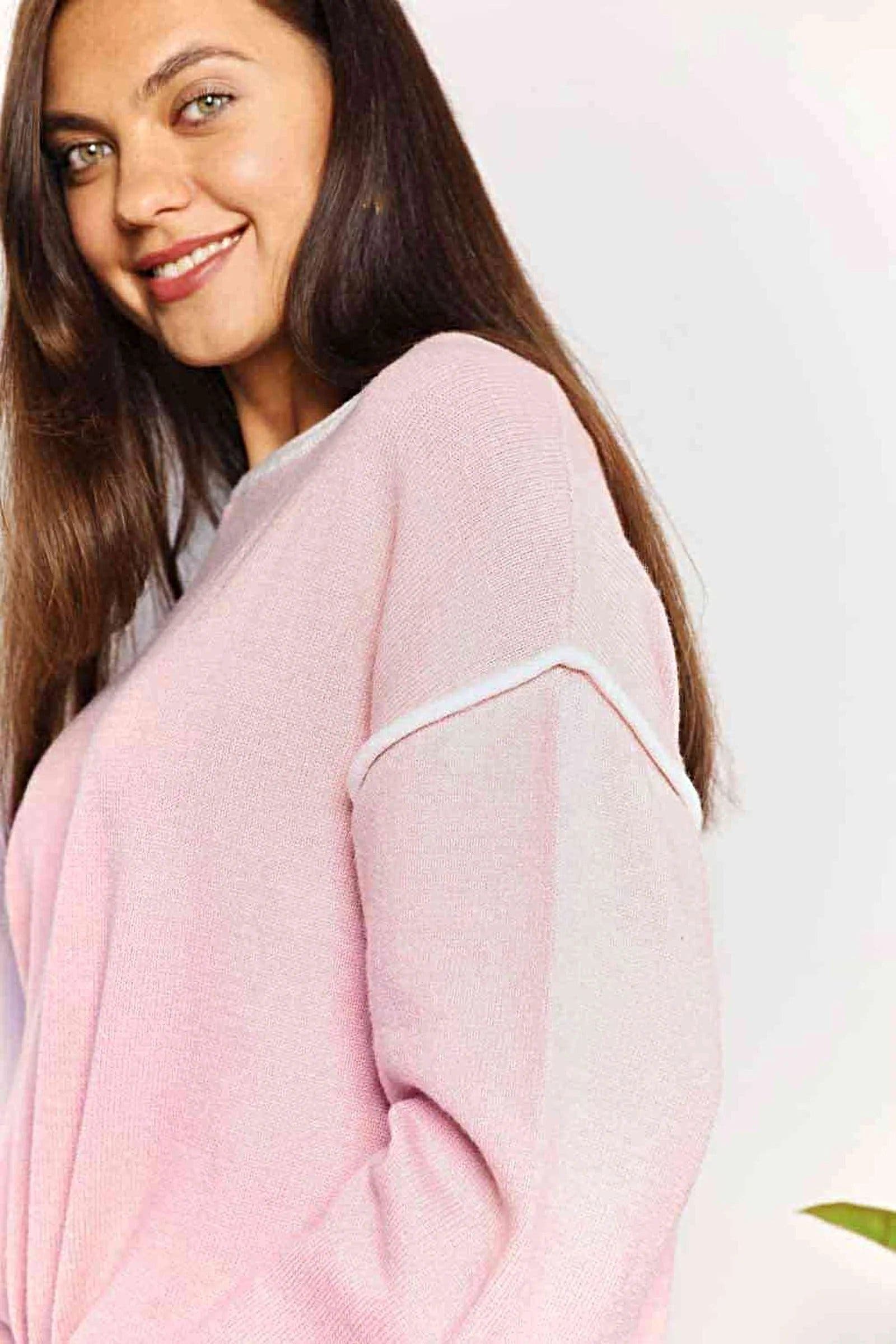 Double Take Contrast Detail Dropped Shoulder Knit Top -