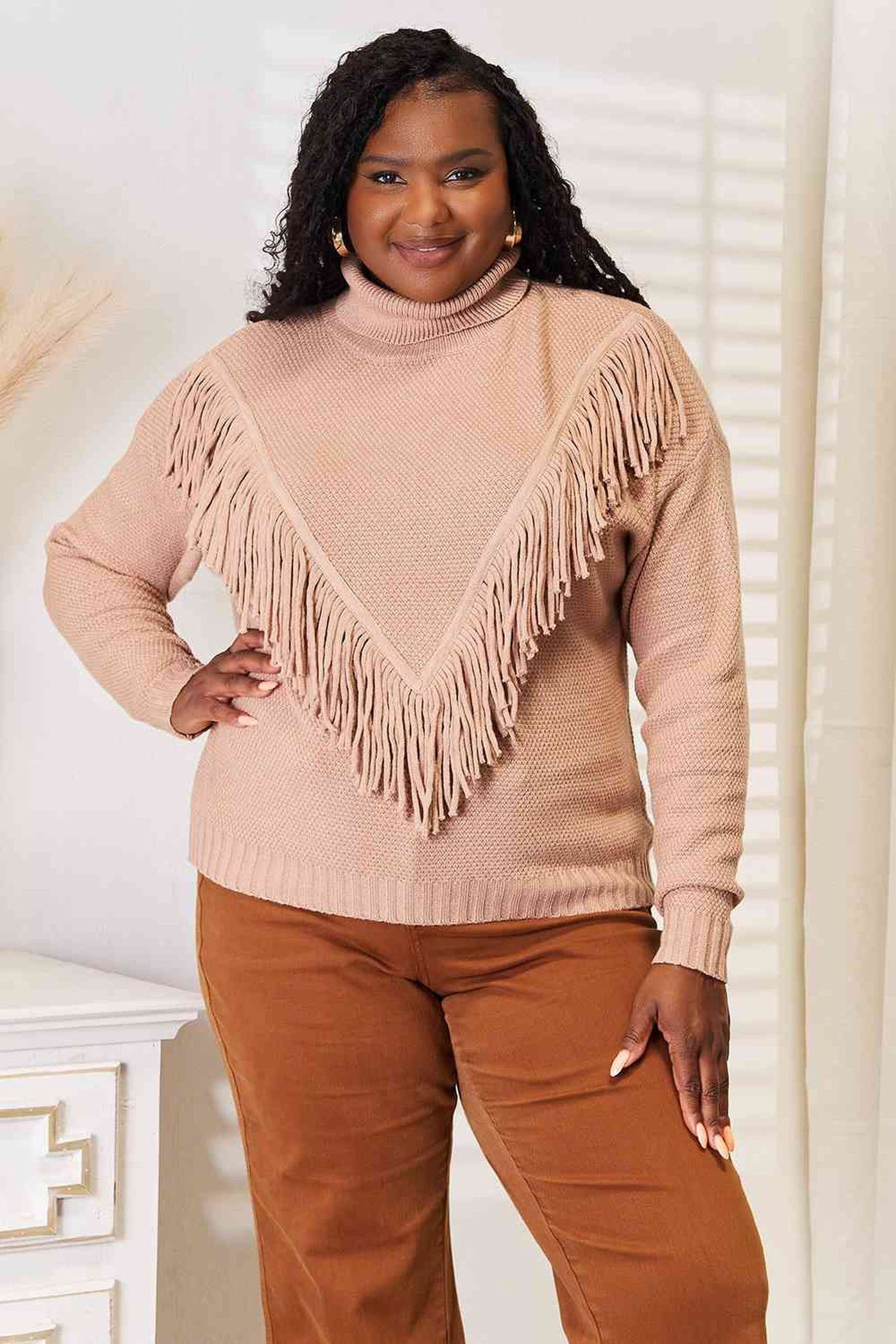 Luxurious Fringe Turtleneck Sweater with Long Sleeves and Chic Detail - Cozy Wardrobe Essential Trendsi