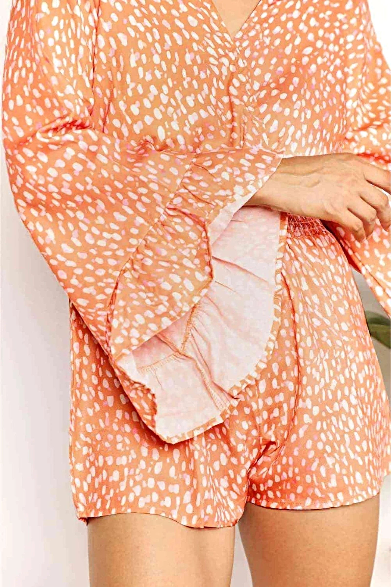 Chic Flare Sleeve Romper With Surplice Neckline & Smocked Detailing, Vibrant Printed Design Trendsi