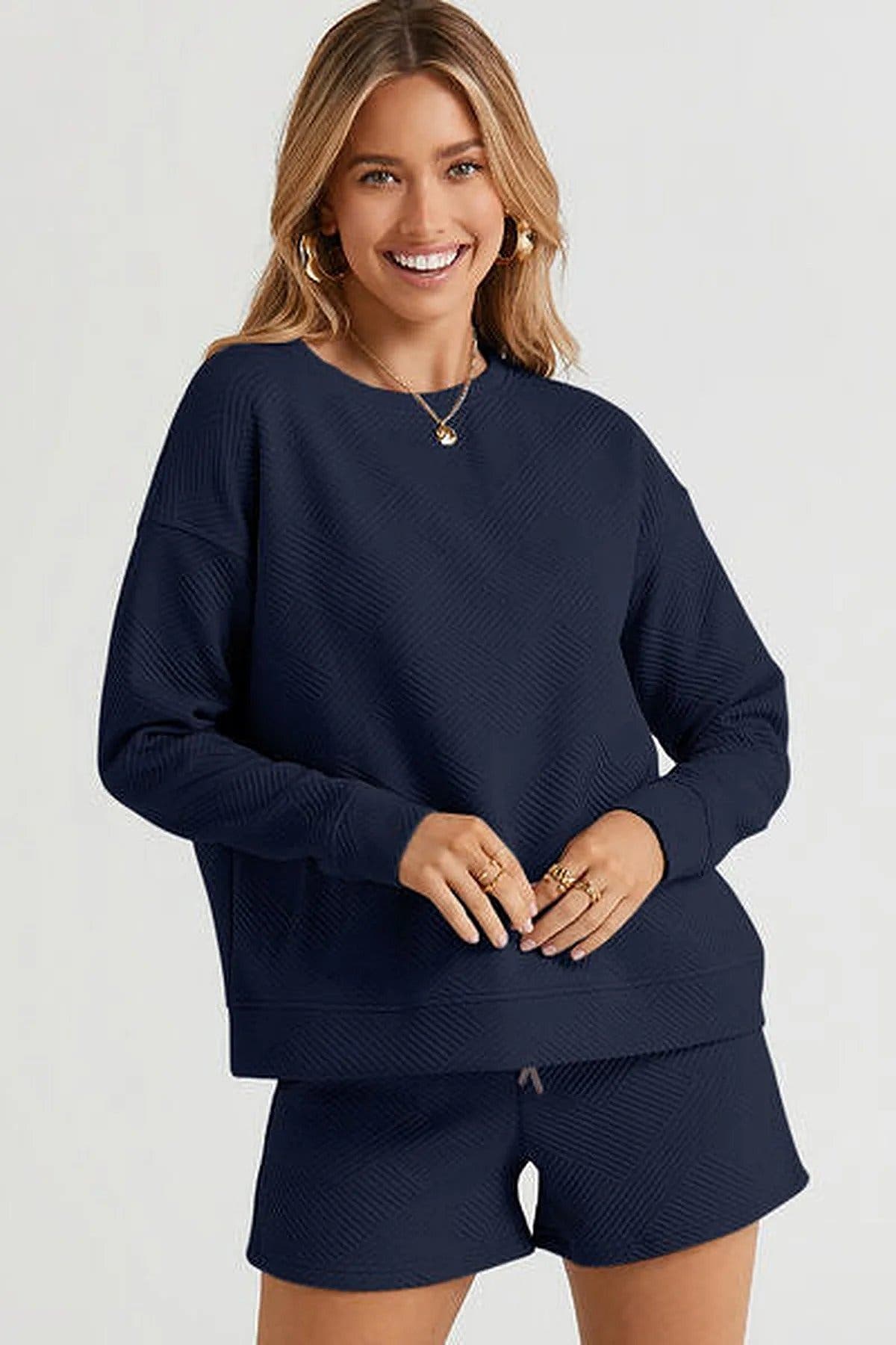 Double Take Full Size Long Sleeve Top Shorts Set with Pockets - Comfortable & Stretchy Trendsi
