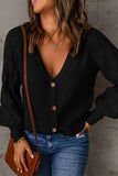 Button Front Ribbed Lantern Sleeve Cardigan Trendsi