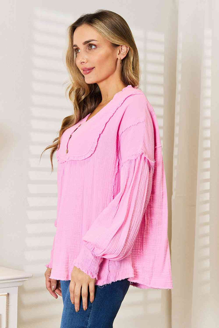 Double Take Exposed Seam Buttoned Notched Neck Blouse-Trendsi-Fuchsia Pink-S-SatinBoutique