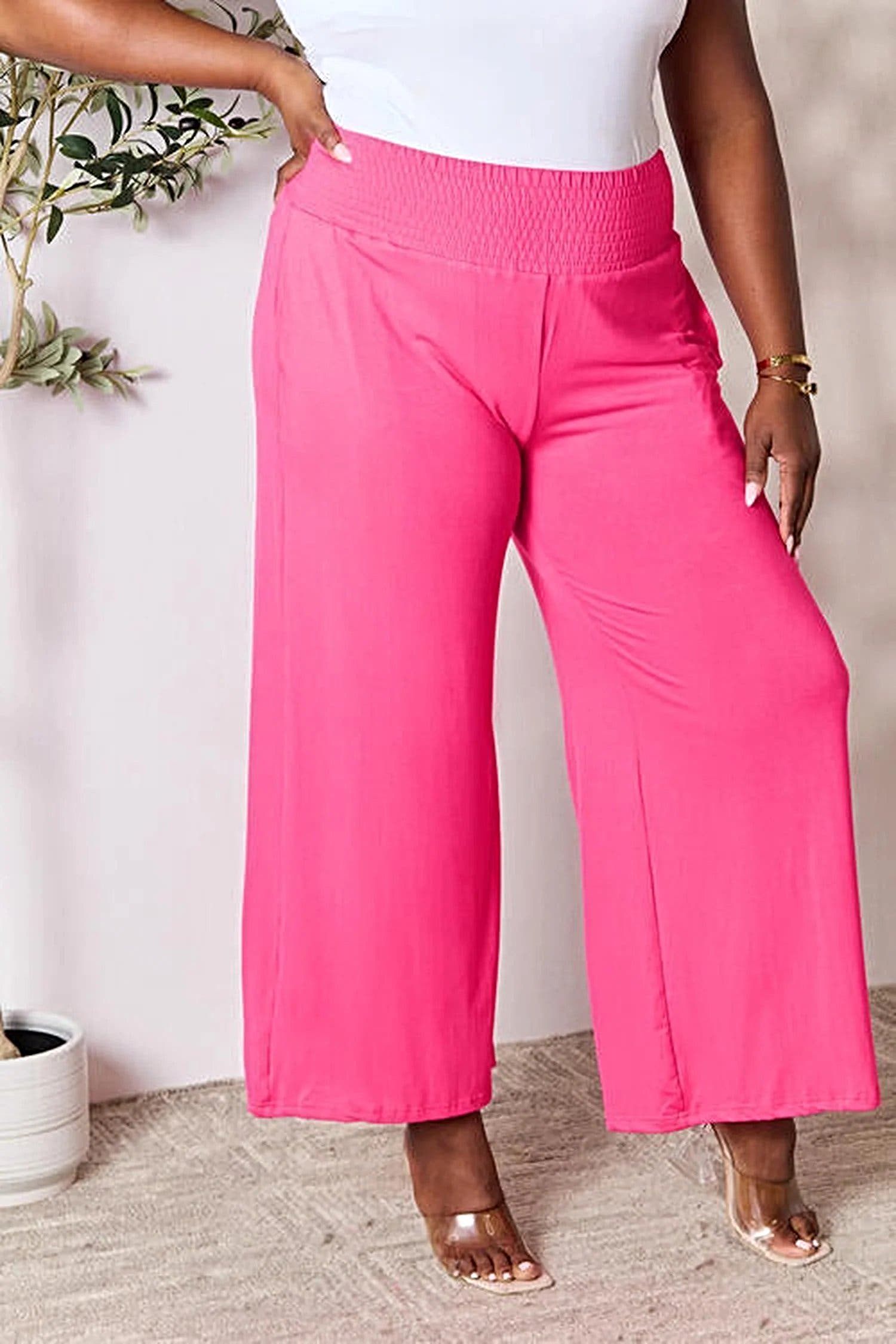 Elegant Wide Leg Pants with Smocked Waistband - Opaque Comfort in Sizes S-3XL Trendsi