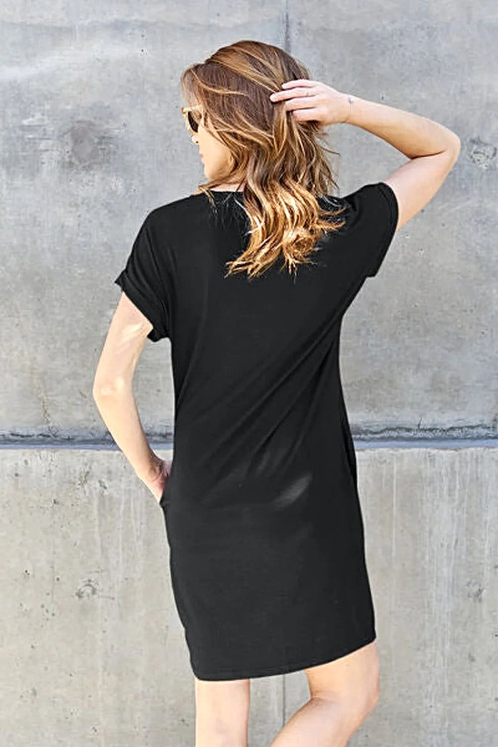 Casual Short Sleeve Dress With Pockets - Basic Bae Full Size Round Neck Style Trendsi