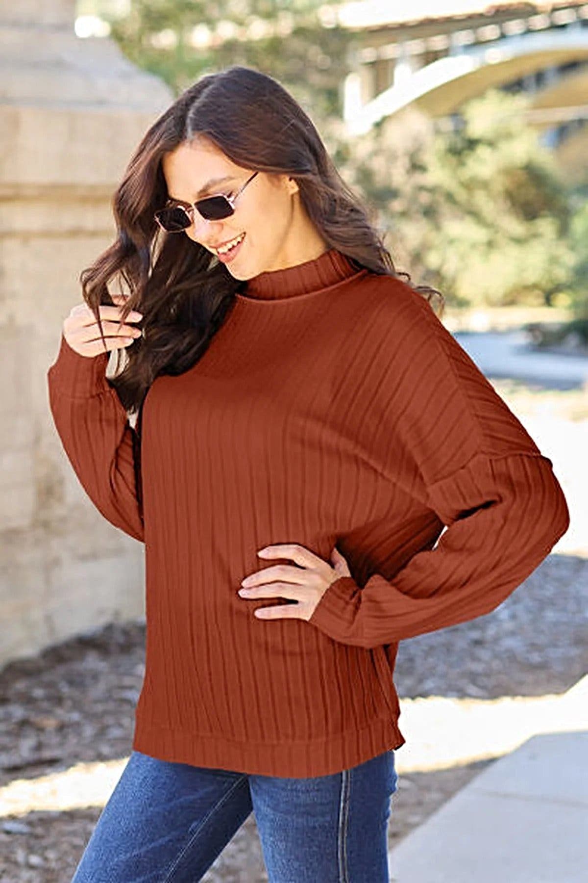 Luxury Ribbed Mock Neck Top – Full Size, Slightly Stretchy, Opaque Knit Elegance by Trendsi Trendsi