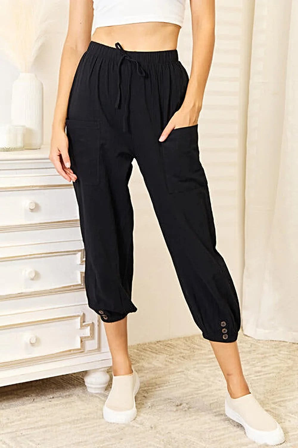 Double Take Decorative Button Cropped Pants, Also Plus sizes -