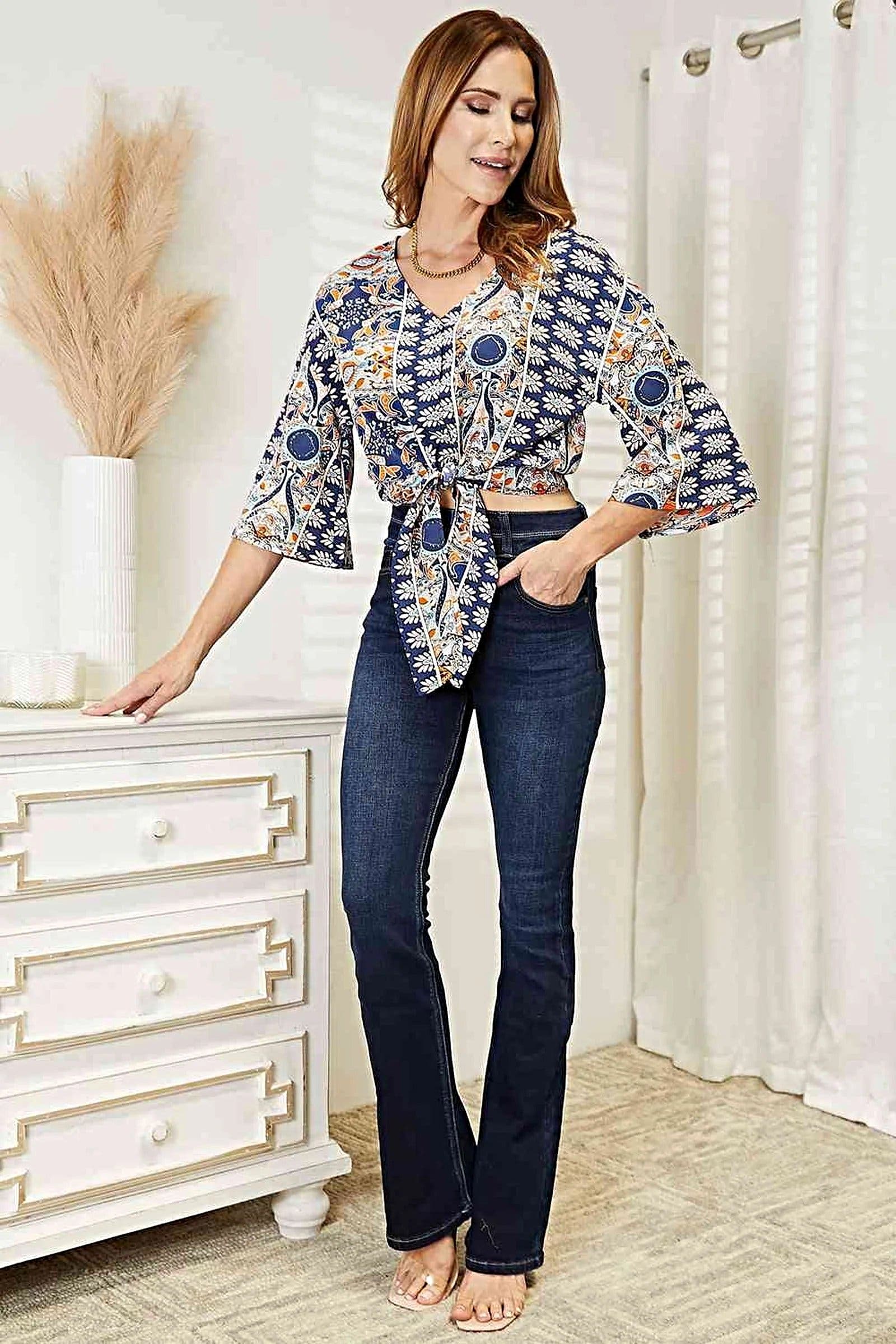 Chic Double Take Three-Quarter Sleeve Blouse with V-Neck and Tie Hem Detail Trendsi