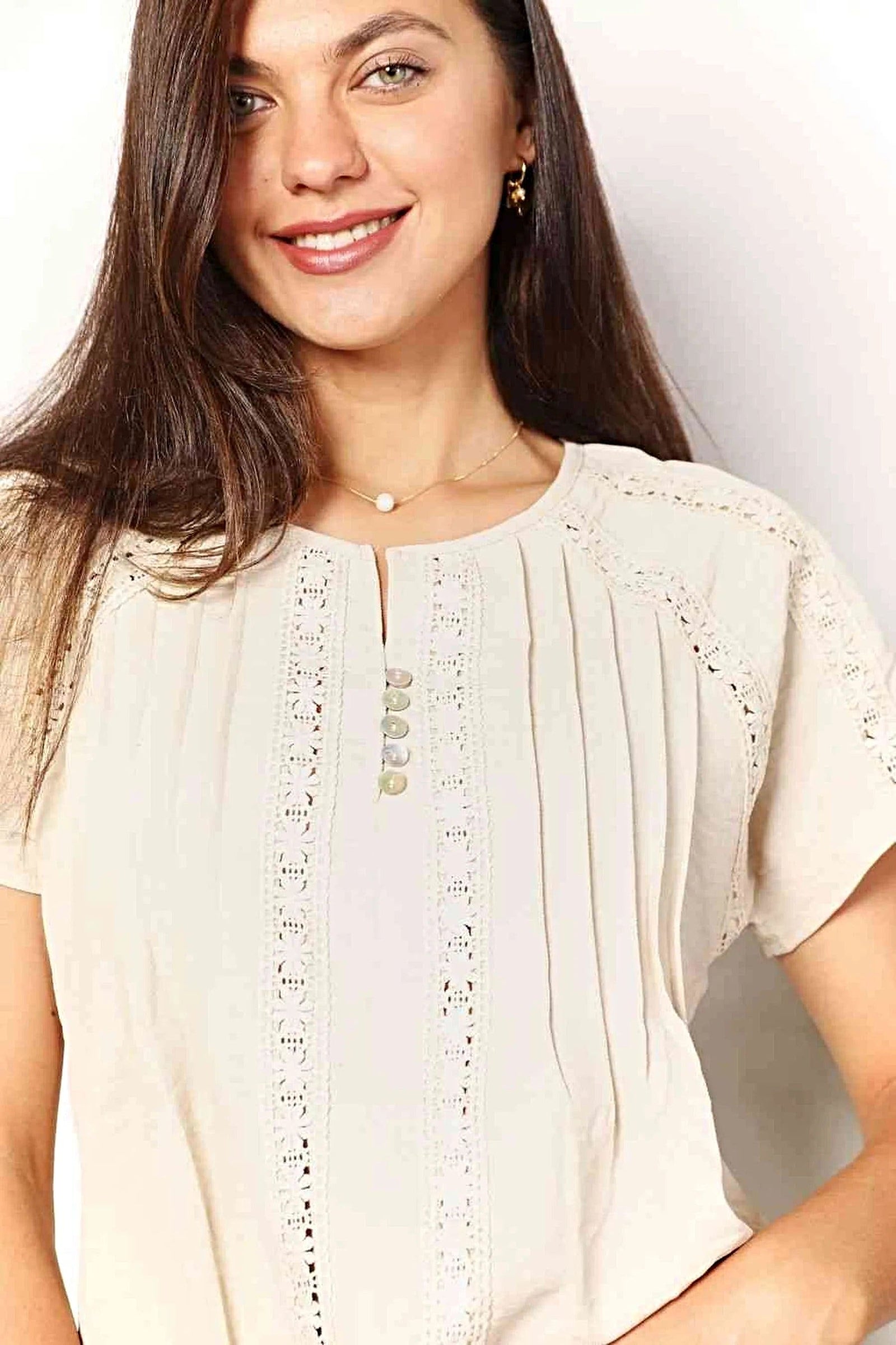 Chic Short Sleeve Crochet Shirt with Button Detail - Available in Plus Sizes Trendsi