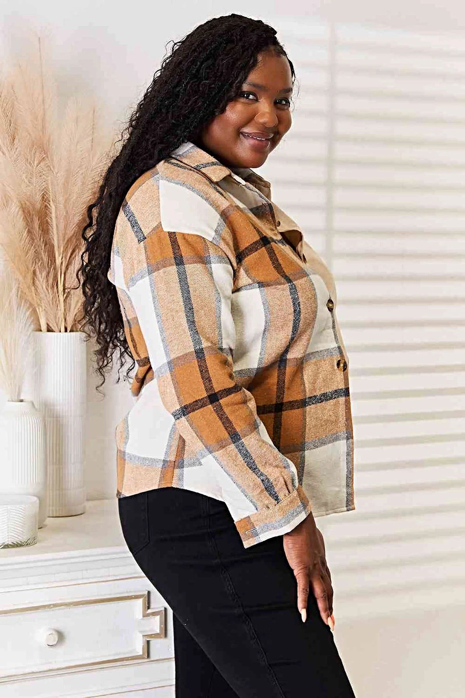 Double Take Plaid Print Dropped Shoulder Shirt -