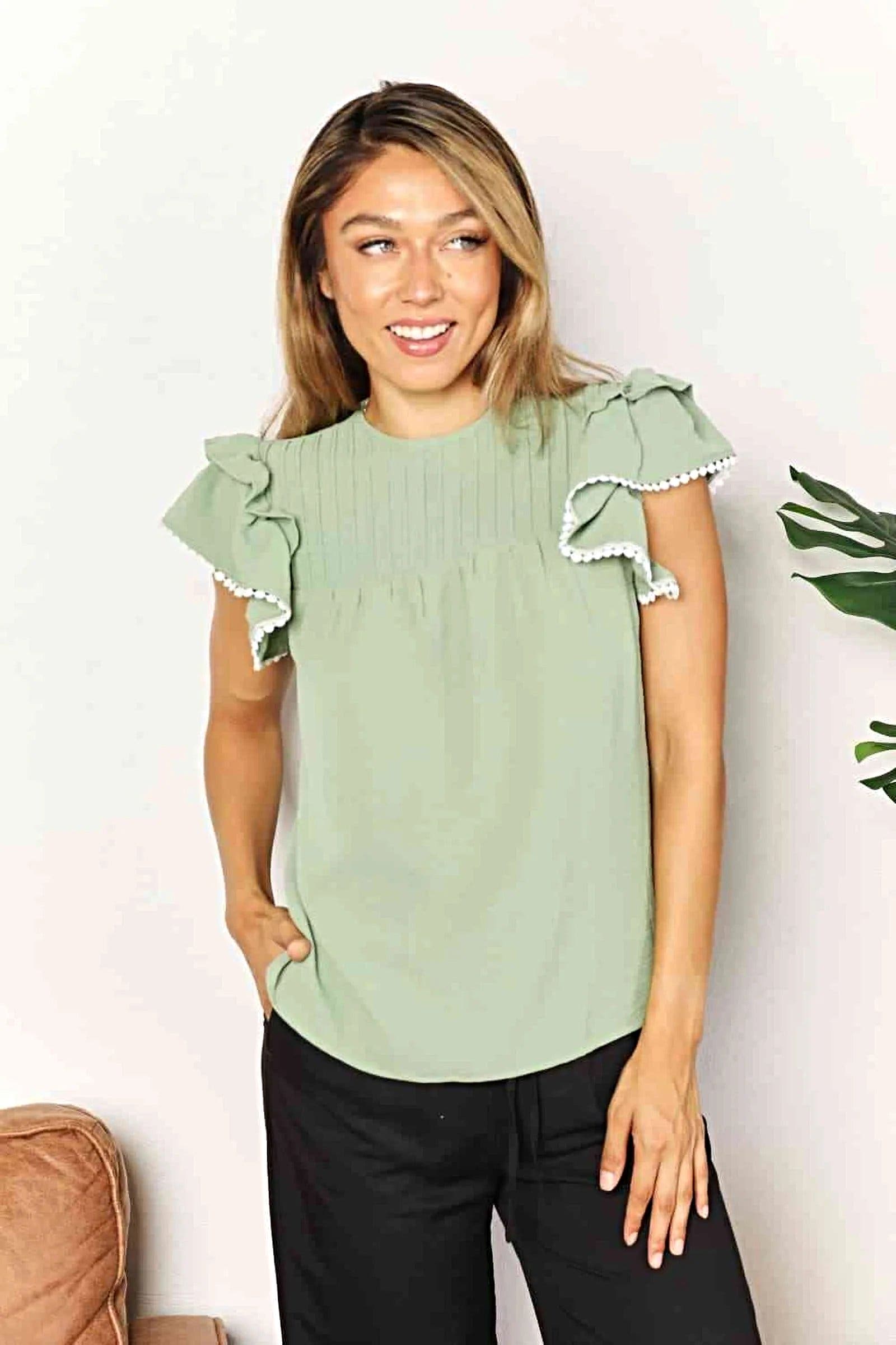Elegant Flutter Sleeve Top With Pleated Detail And Round Neckline - Solid Casual Blouse Trendsi