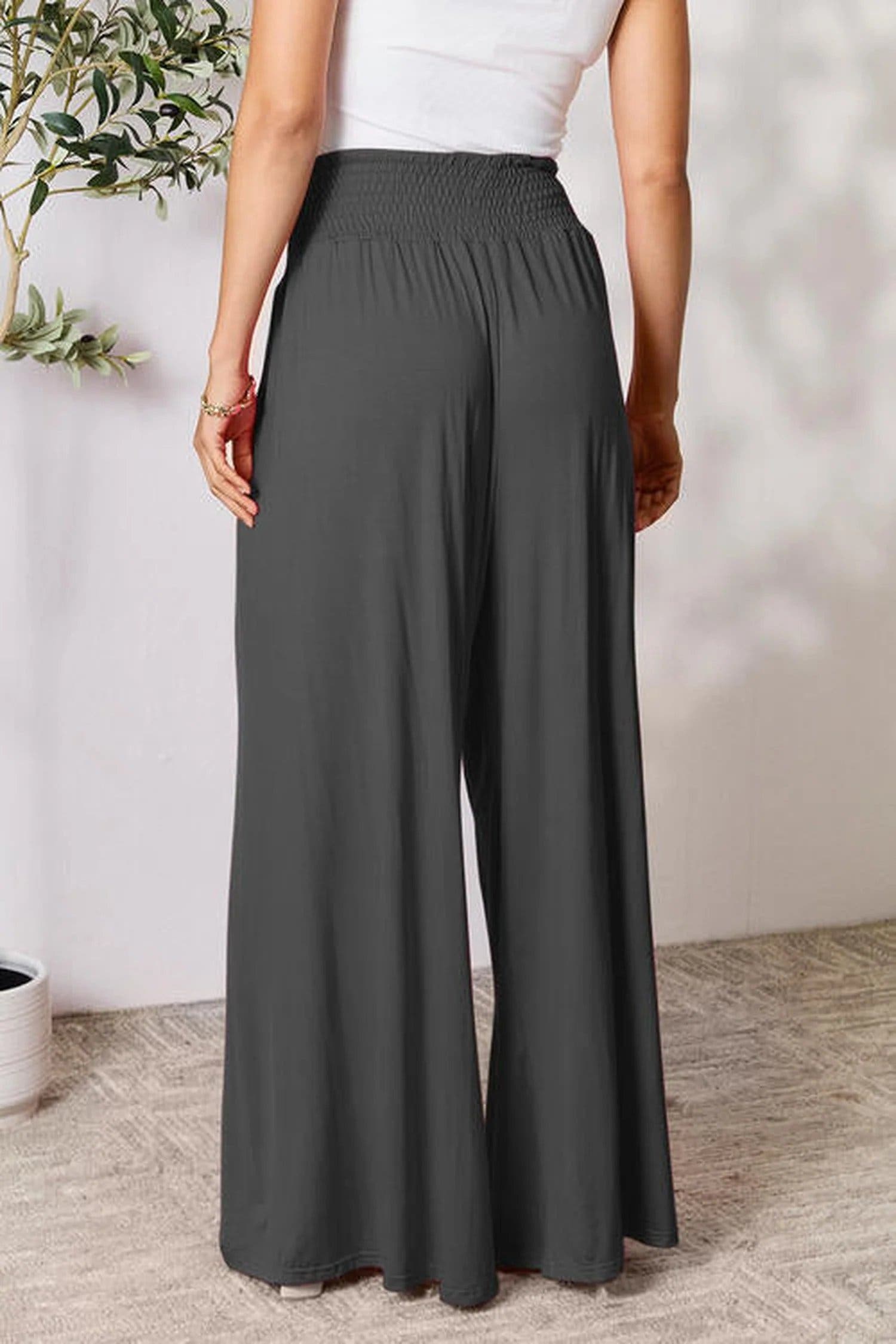 Elegant Wide Leg Pants with Smocked Waistband - Opaque Comfort in Sizes S-3XL Trendsi