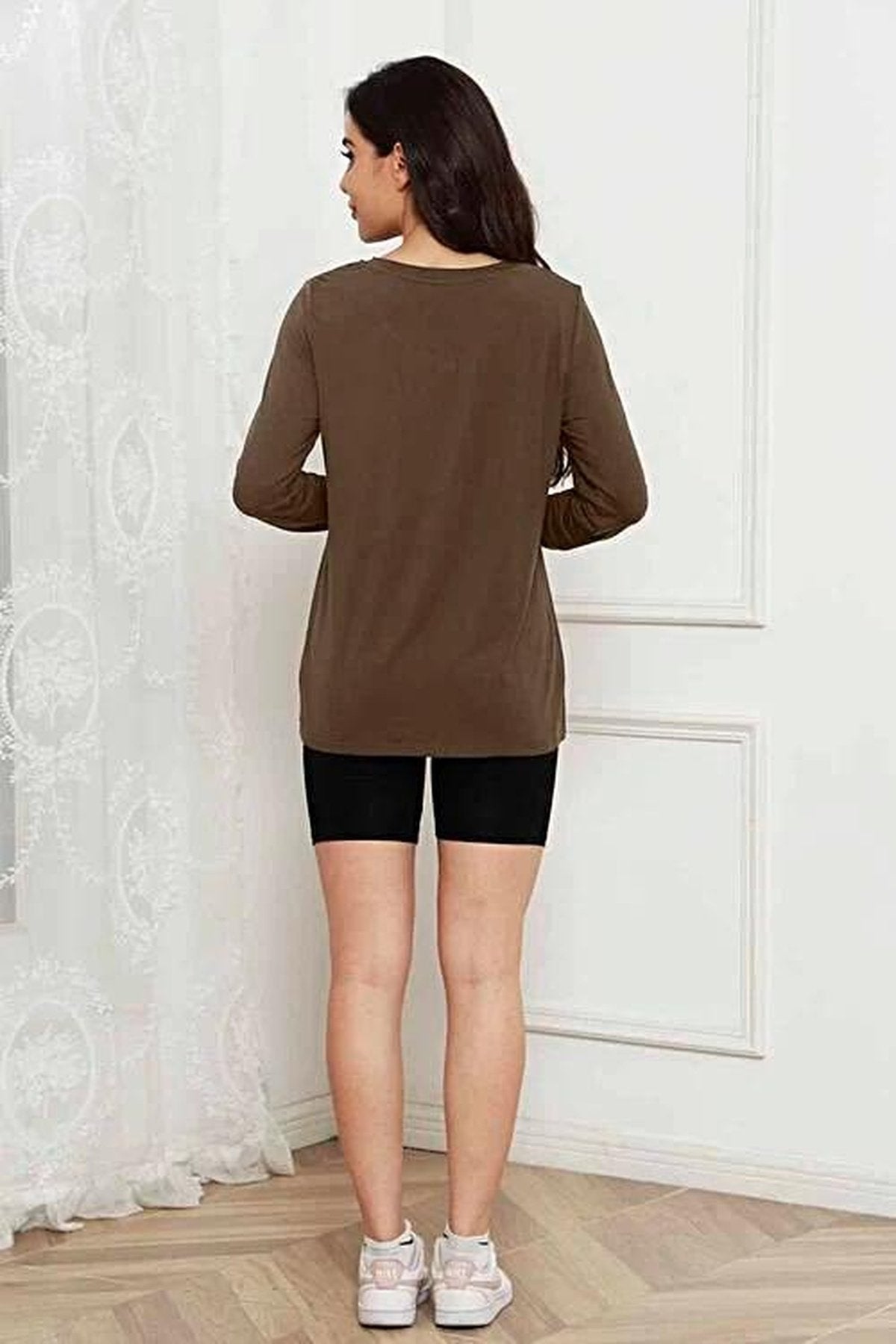 Opulent Basic Bae 100% Polyester Full Size Round Neck Long Sleeve Top with Pockets Trendsi