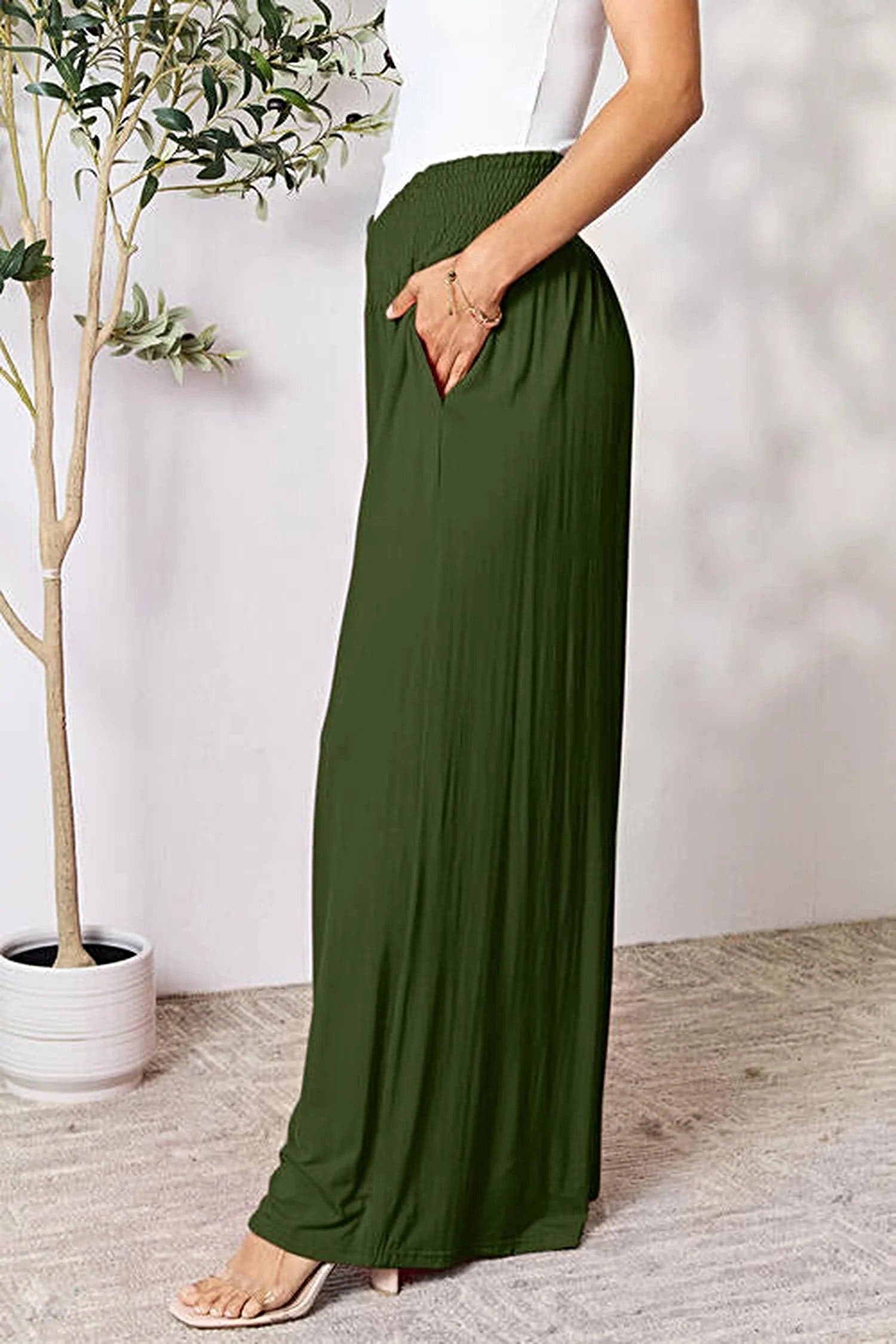 Elegant Wide Leg Pants with Smocked Waistband - Opaque Comfort in Sizes S-3XL Trendsi