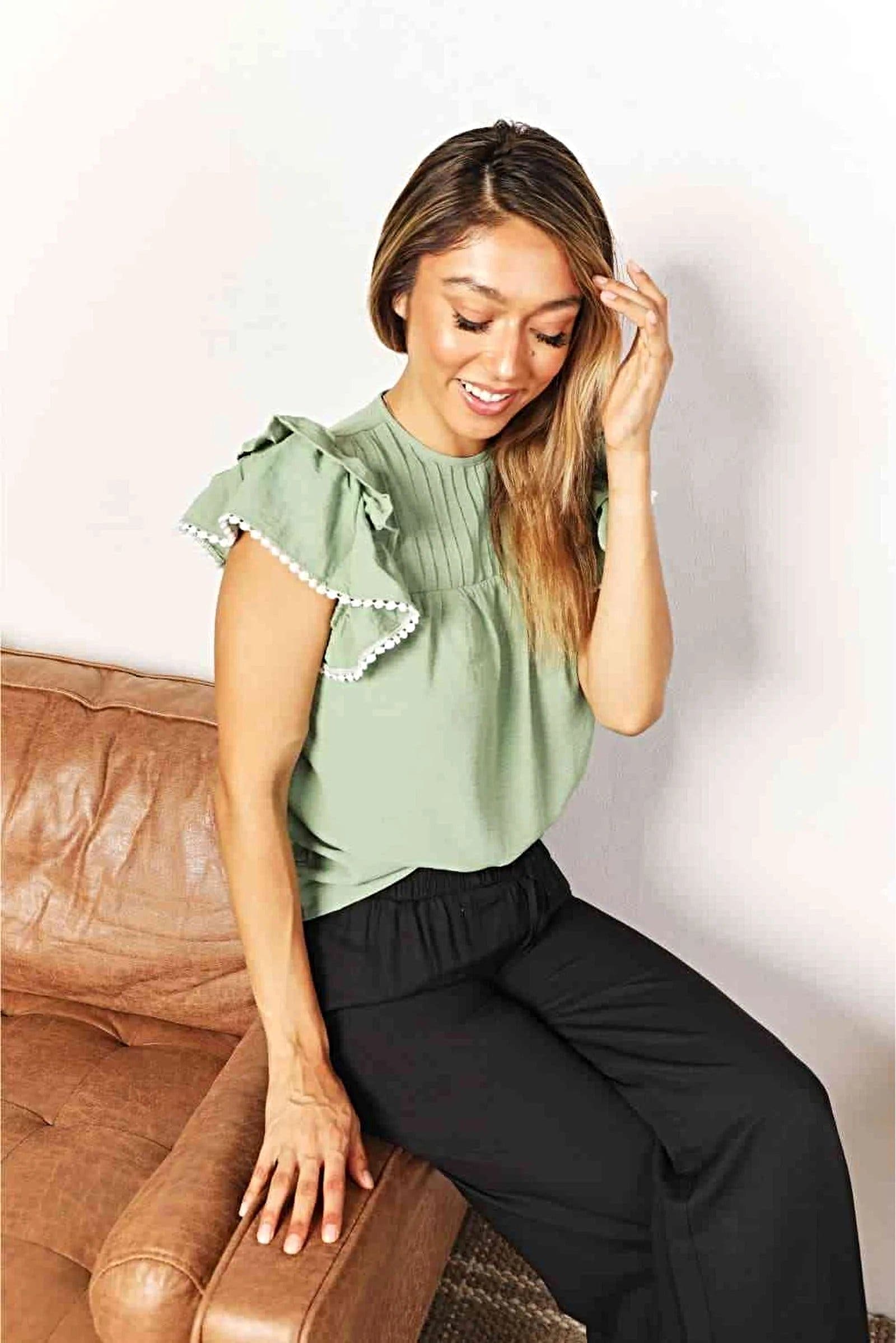 Elegant Flutter Sleeve Top With Pleated Detail And Round Neckline - Solid Casual Blouse Trendsi