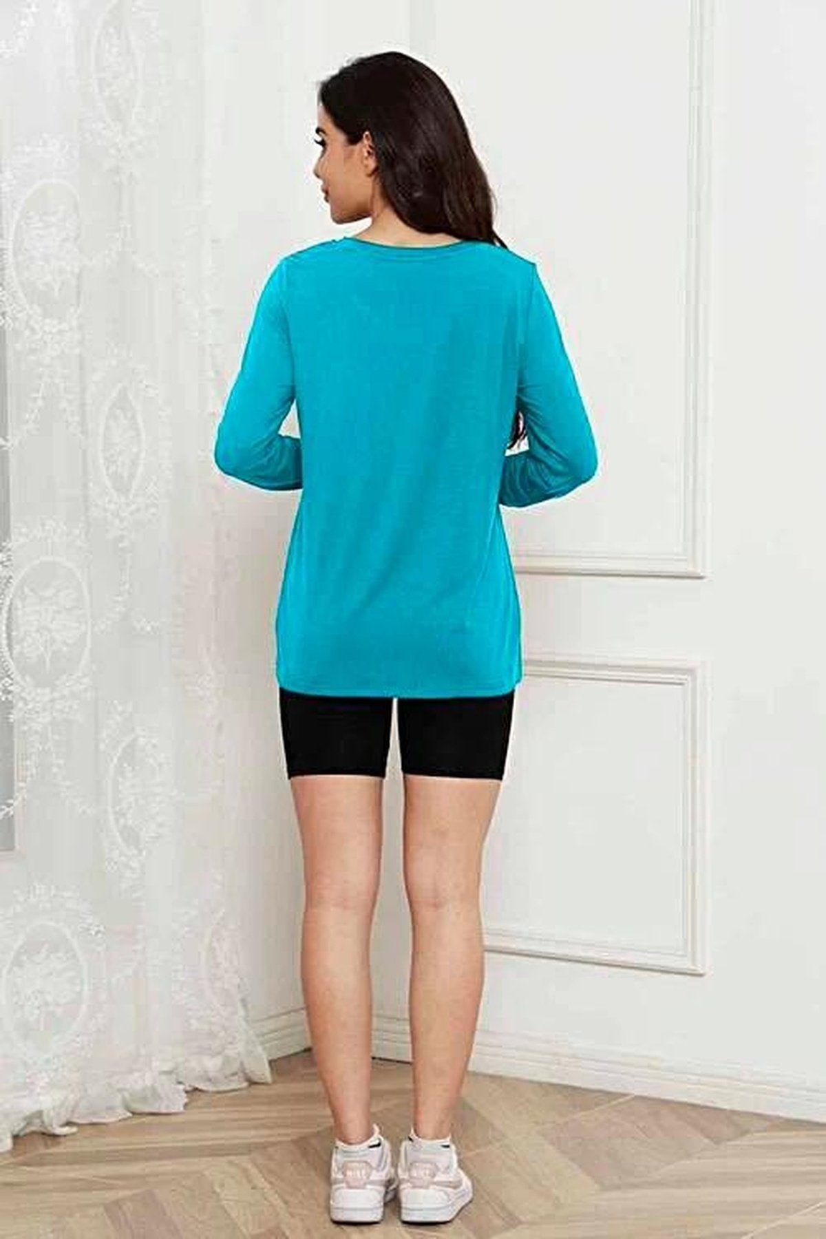 Opulent Basic Bae 100% Polyester Full Size Round Neck Long Sleeve Top with Pockets Trendsi