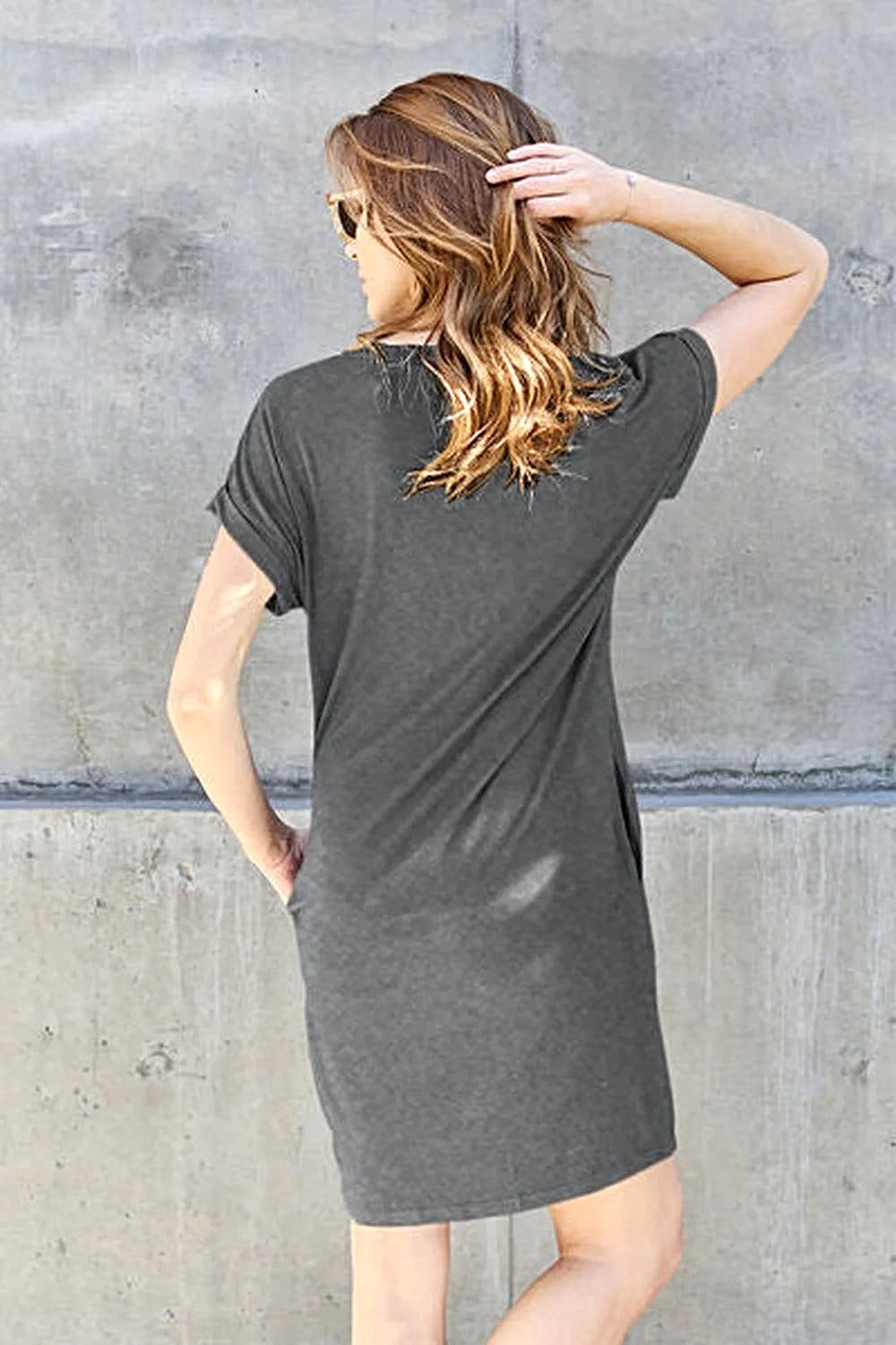 Casual Short Sleeve Dress With Pockets - Basic Bae Full Size Round Neck Style Trendsi