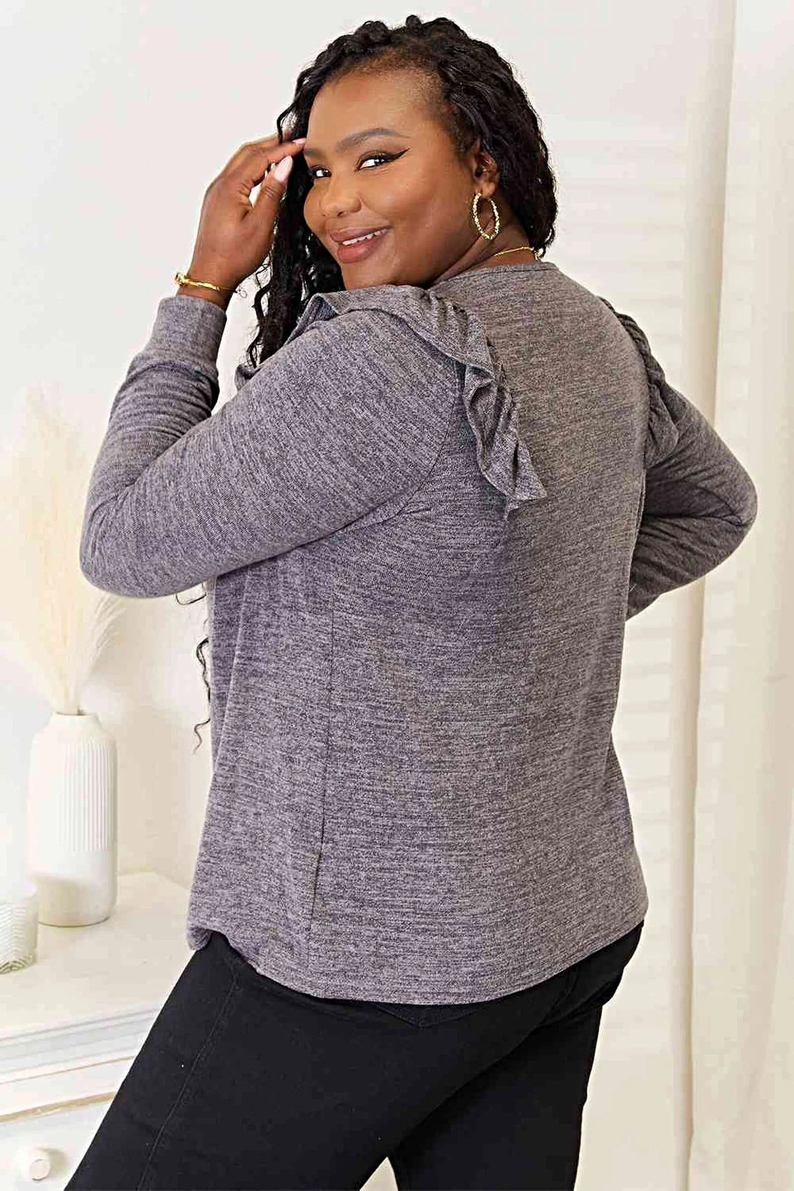 Elegant Ruffle Shoulder Top - Square Neck Long Sleeve T-Shirt in Plus Sizes Trendsi