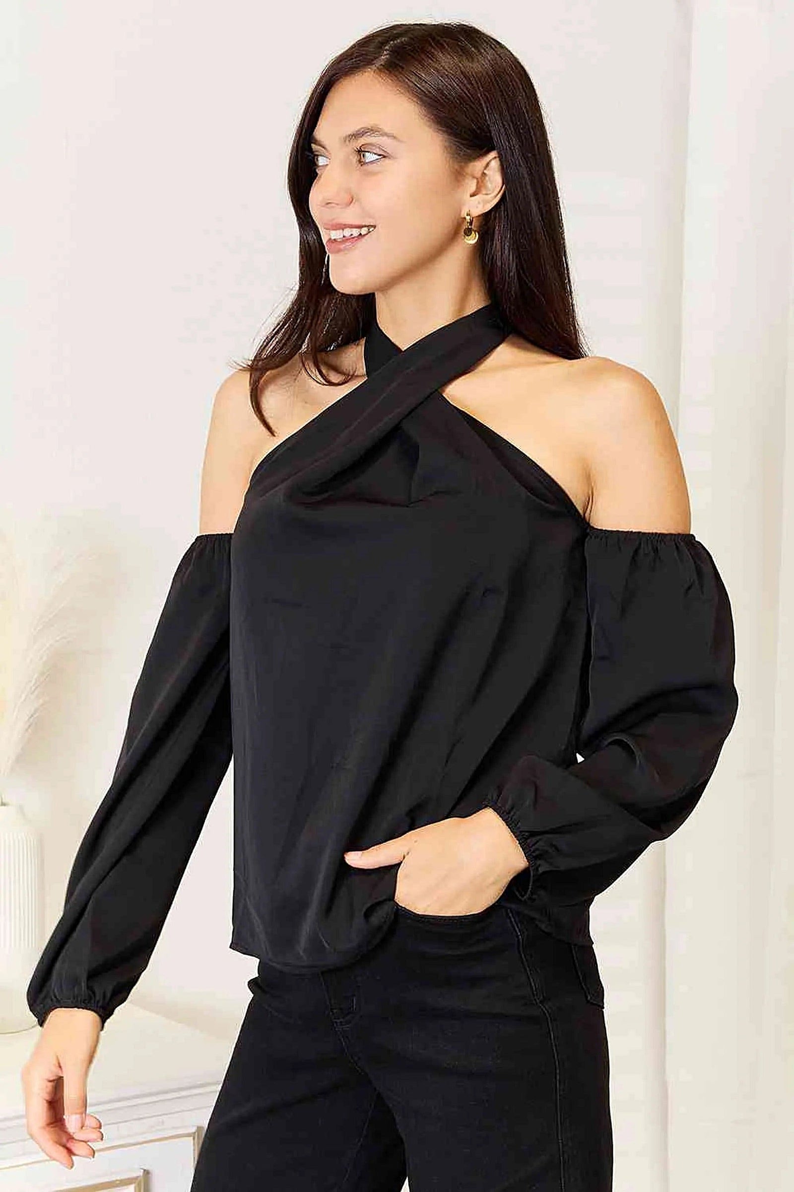 Double Take Grecian Cold Shoulder Long Sleeve Blouse -