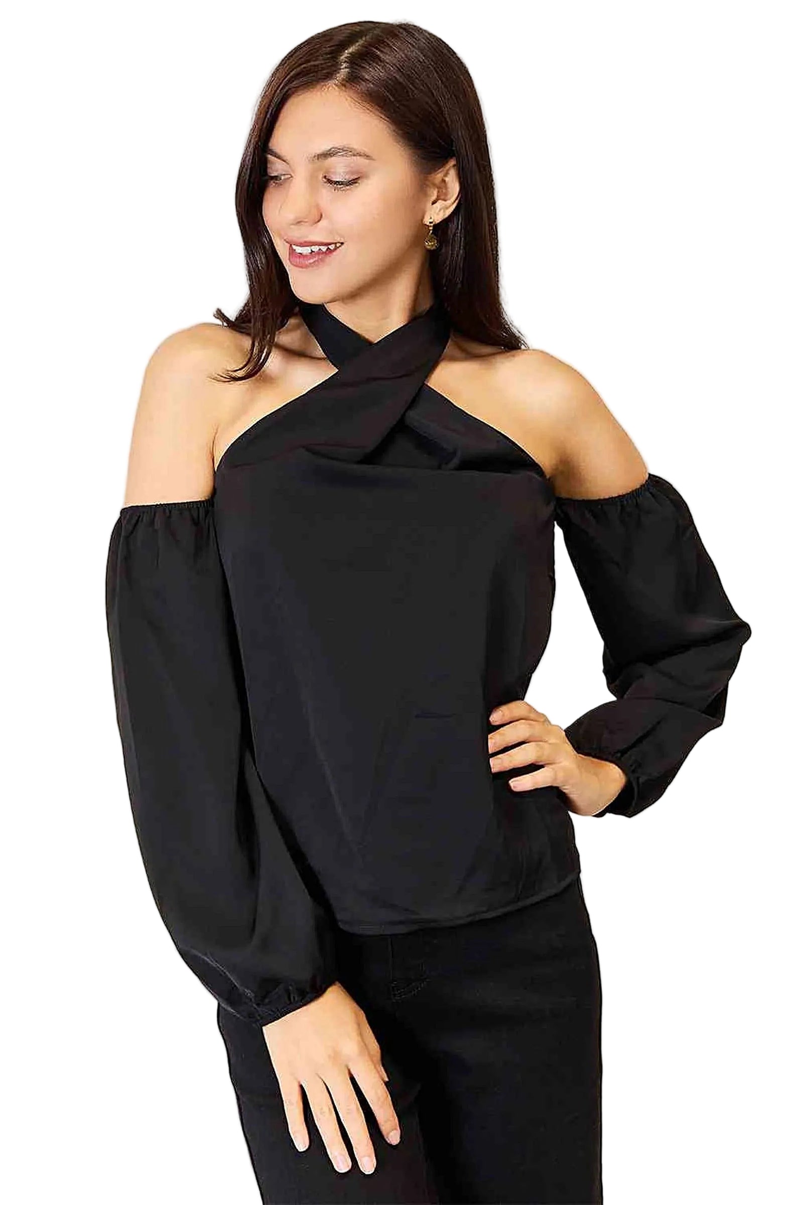 Grecian Cold Shoulder Blouse - Elegant Long Sleeve Design with Feminine Draping and Classic Style Trendsi