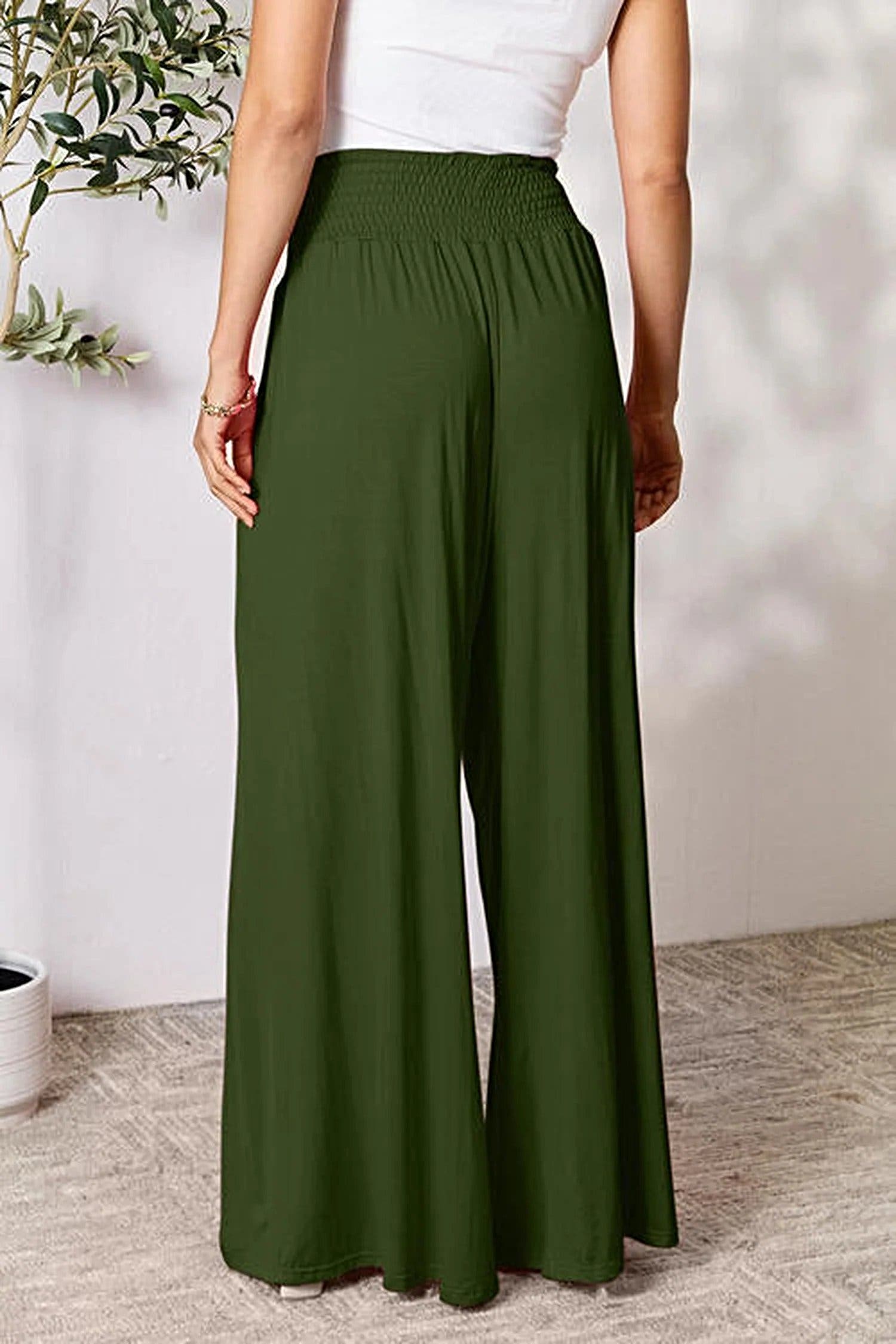 Elegant Wide Leg Pants with Smocked Waistband - Opaque Comfort in Sizes S-3XL Trendsi